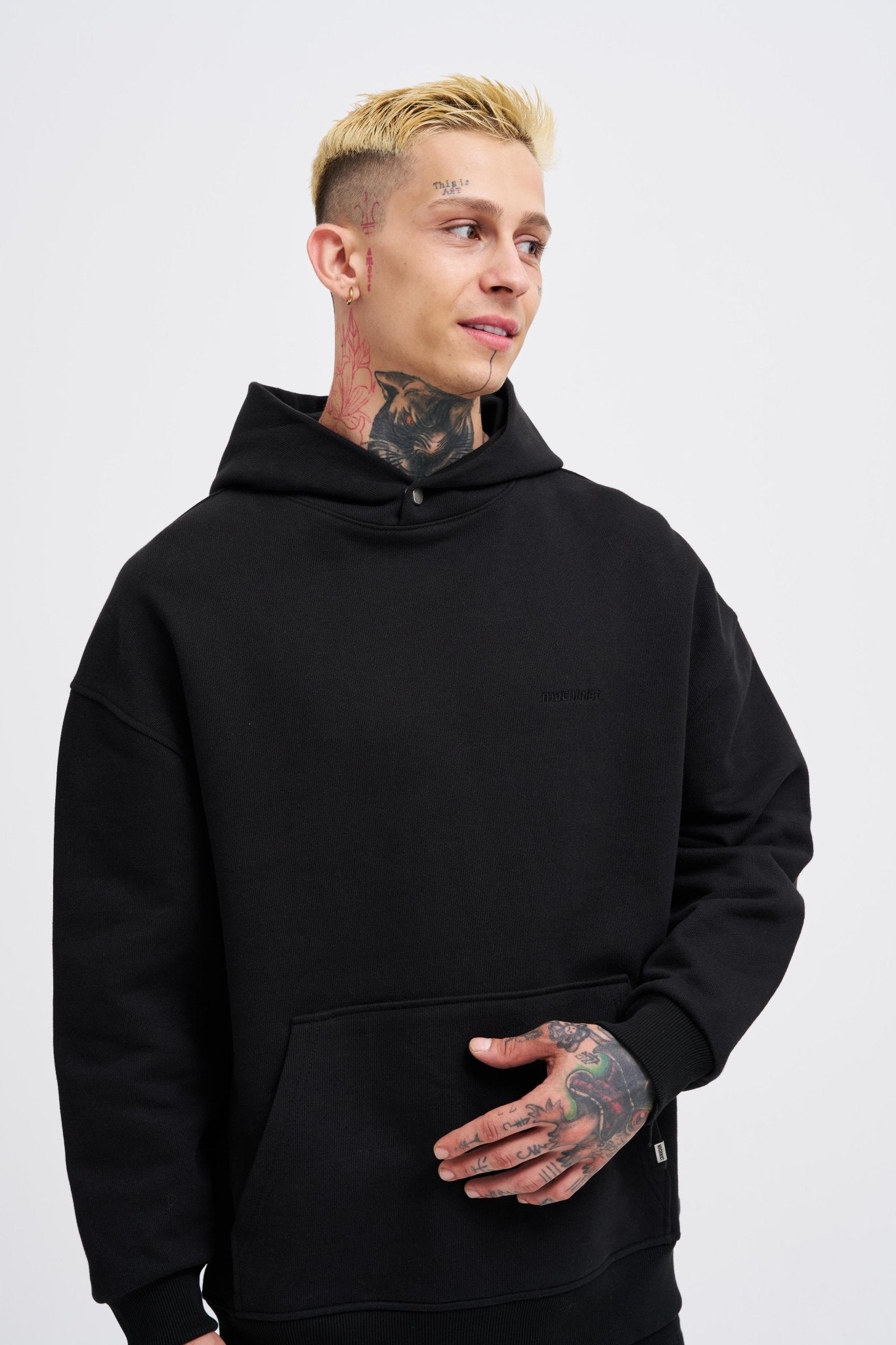 Erkek Basic Diagonel Kapüşonlu Sweatshirt Siyah