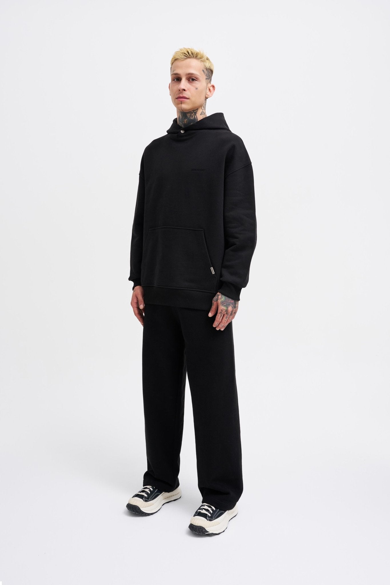 Erkek Basic Diagonel Kapüşonlu Sweatshirt Siyah