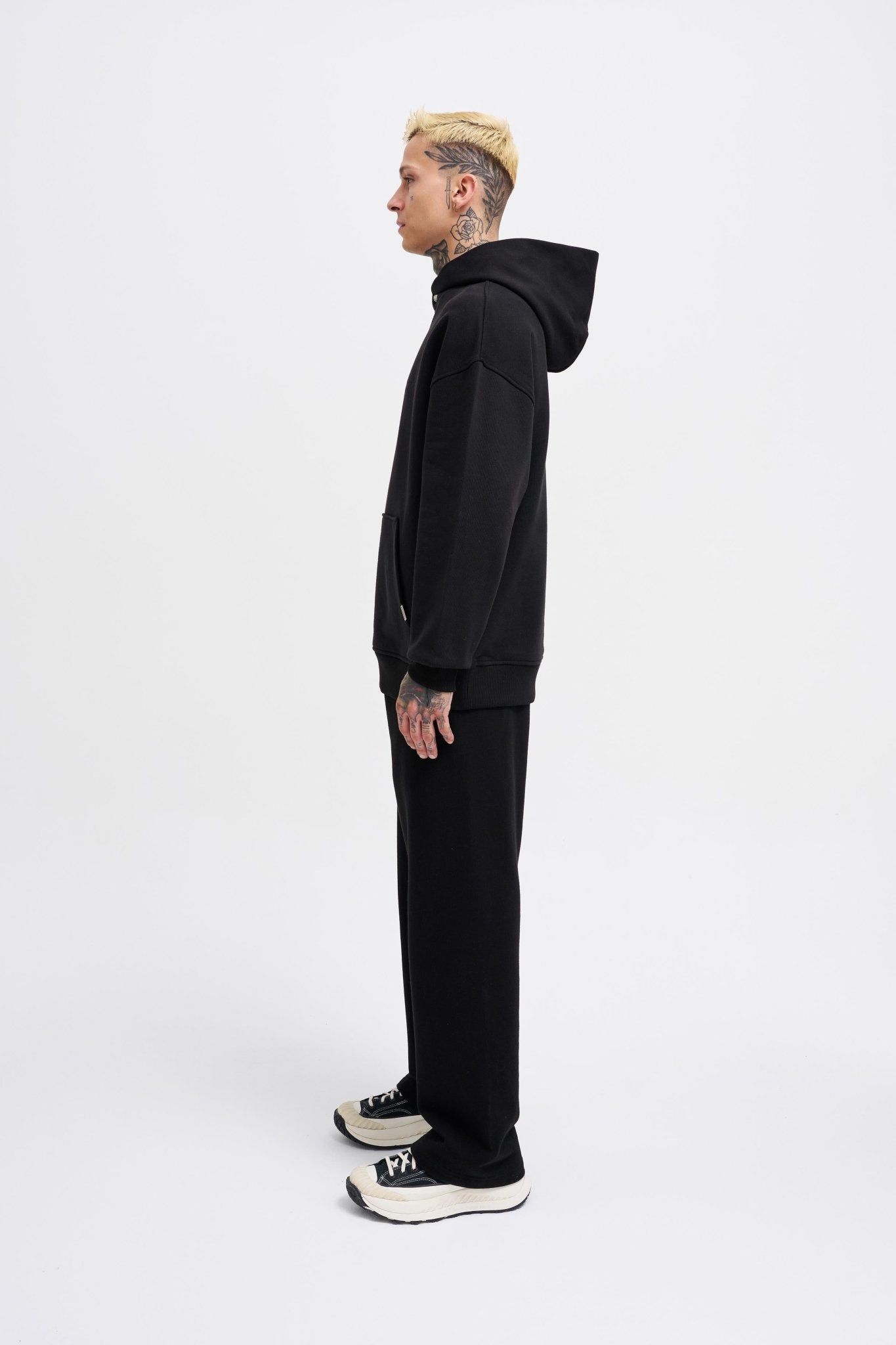 Erkek Basic Diagonel Kapüşonlu Sweatshirt Siyah
