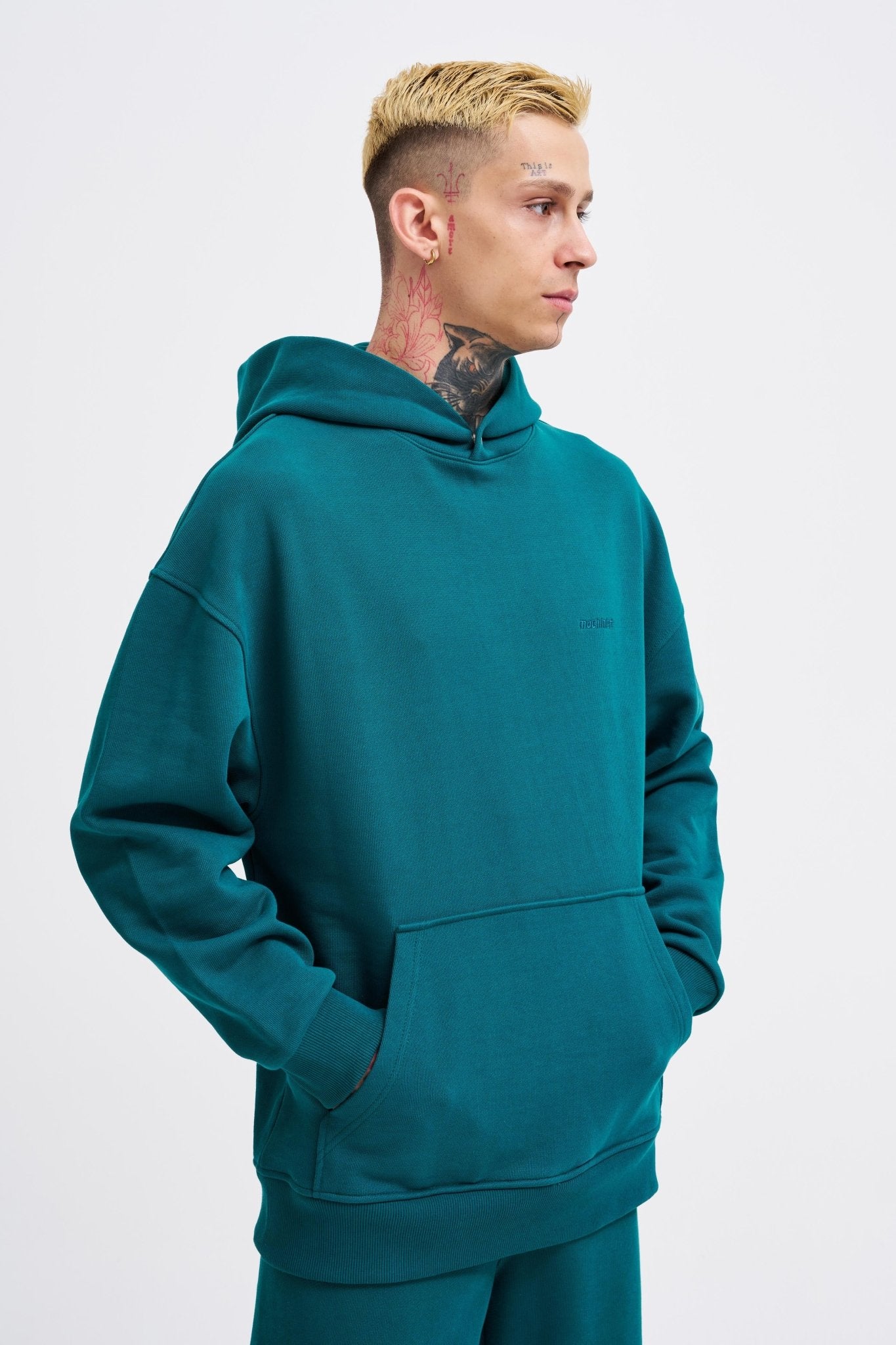 Erkek Basic Diagonel Kapüşonlu Sweatshirt Yağ Yeşili