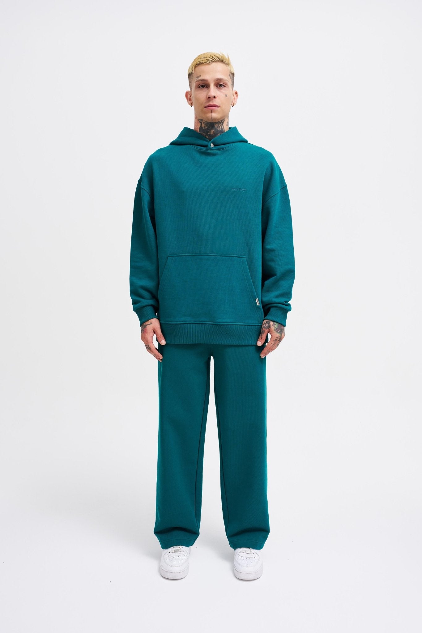 Erkek Basic Diagonel Kapüşonlu Sweatshirt Yağ Yeşili