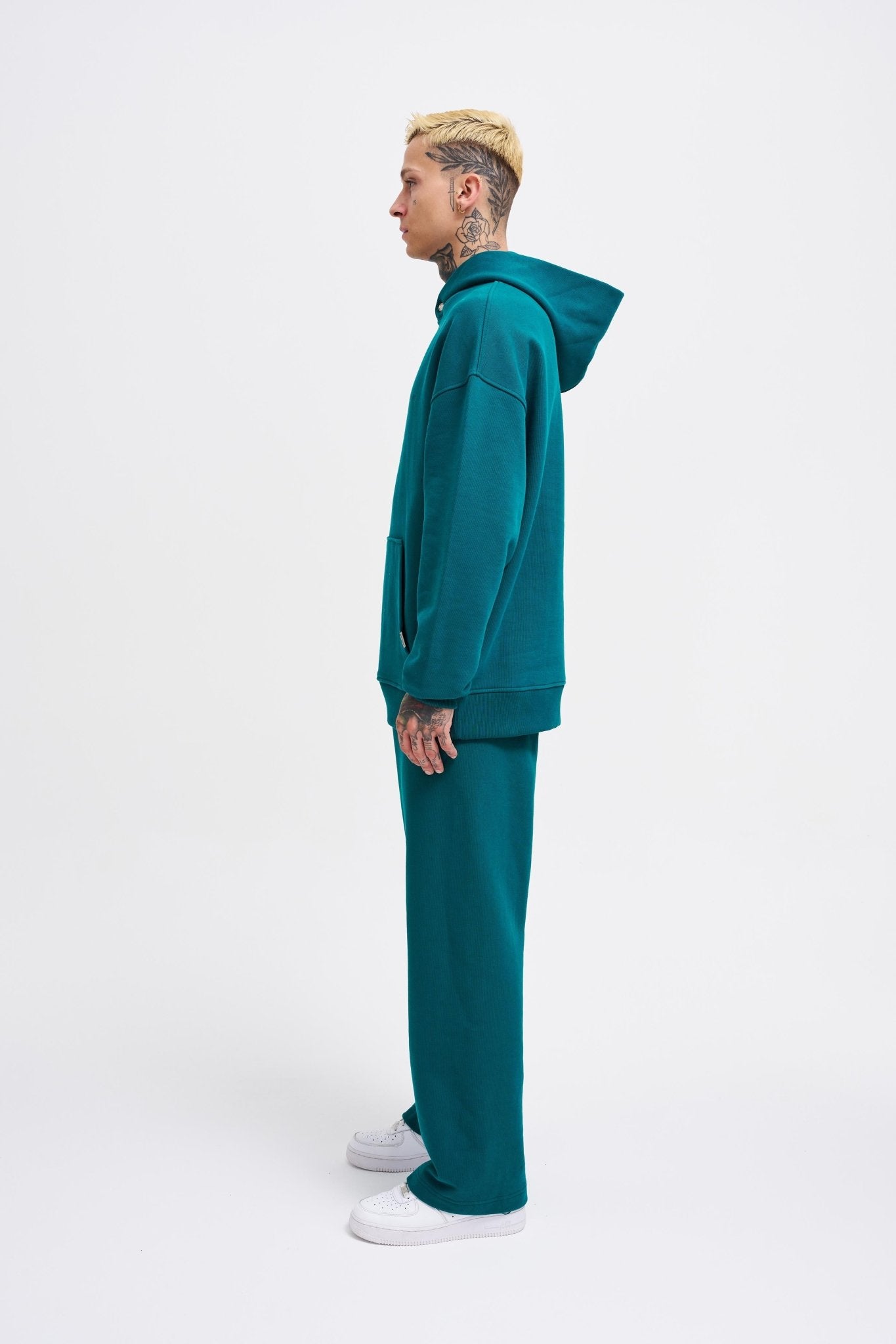 Erkek Basic Diagonel Kapüşonlu Sweatshirt Yağ Yeşili