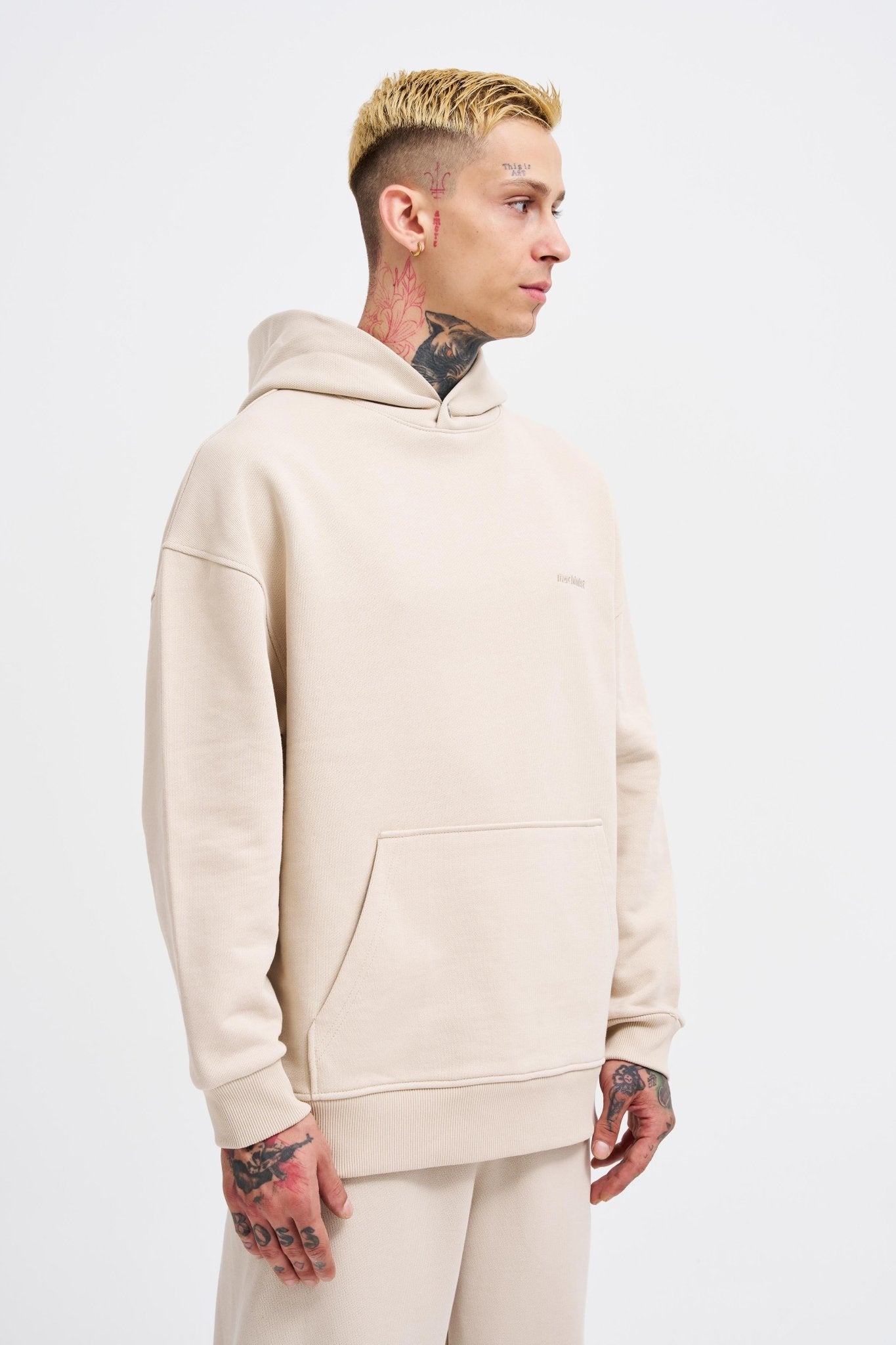 Erkek Basic Diagonel Kapüşonlu Sweatshirt Açık Bej