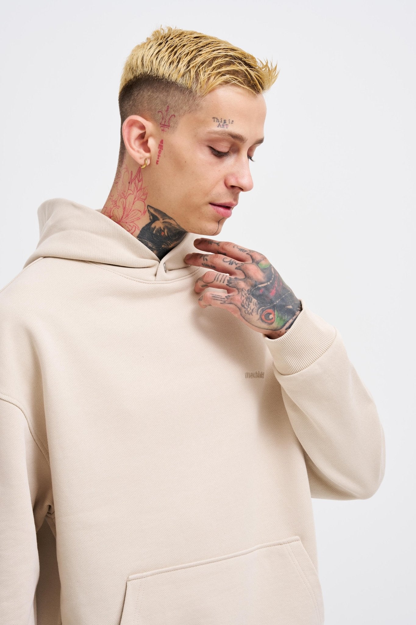 Erkek Basic Diagonel Kapüşonlu Sweatshirt Açık Bej