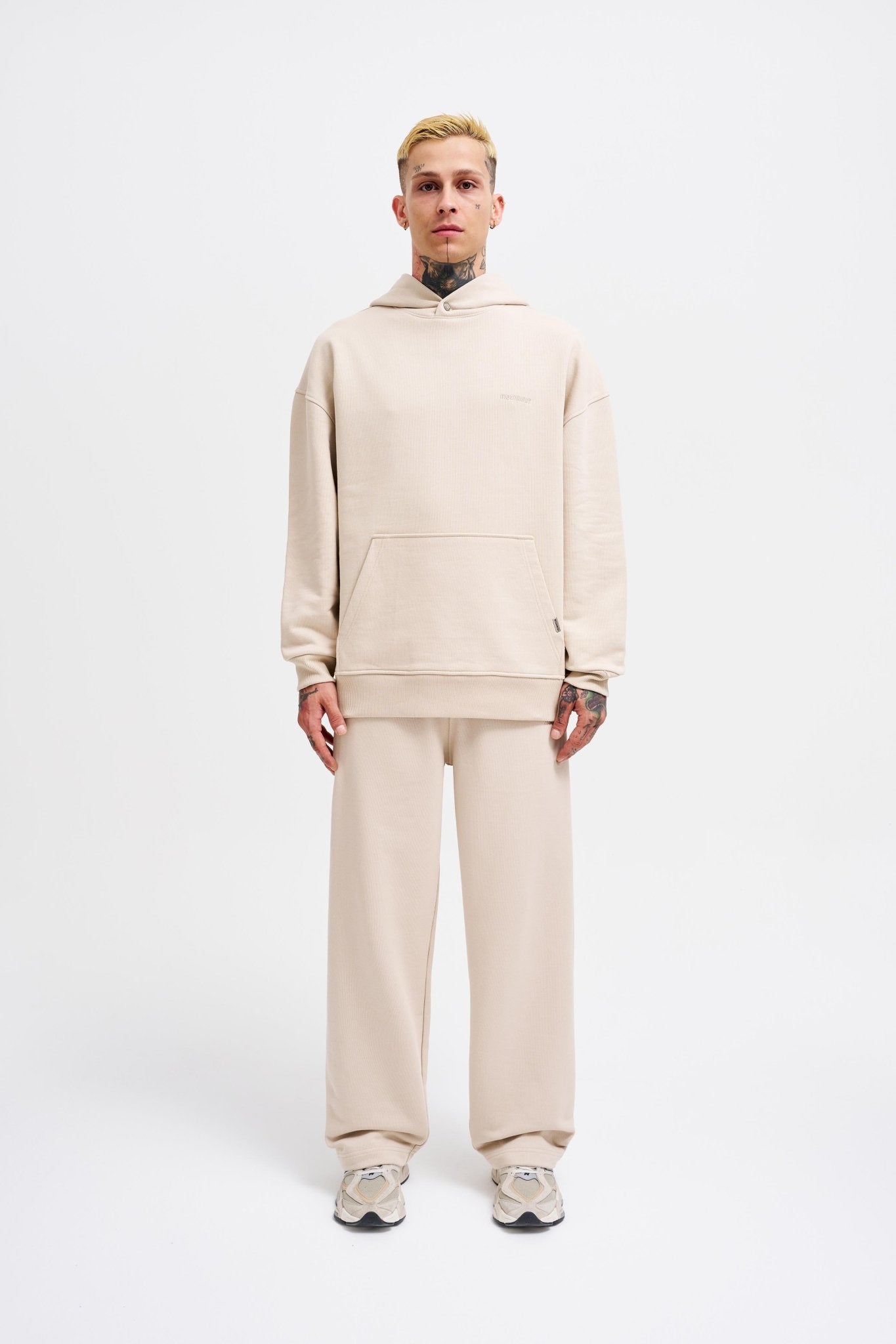 Erkek Basic Diagonel Kapüşonlu Sweatshirt Açık Bej