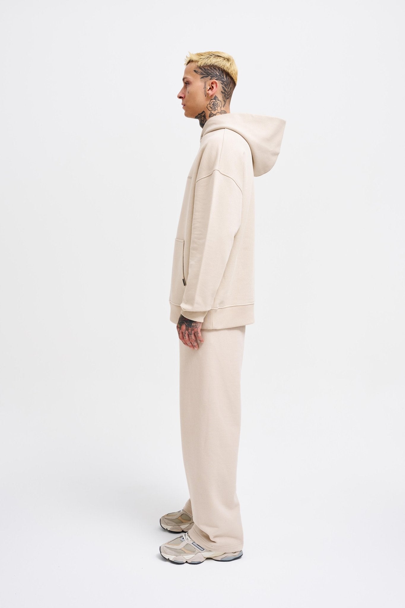 Erkek Basic Diagonel Kapüşonlu Sweatshirt Açık Bej