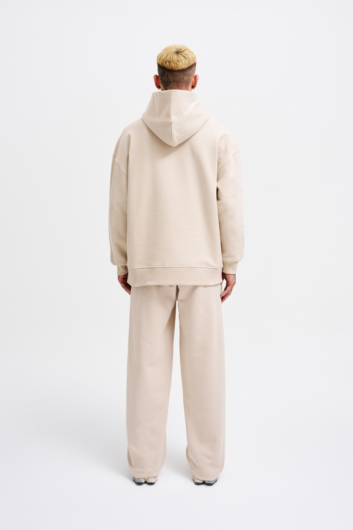 Erkek Basic Diagonel Kapüşonlu Sweatshirt Açık Bej