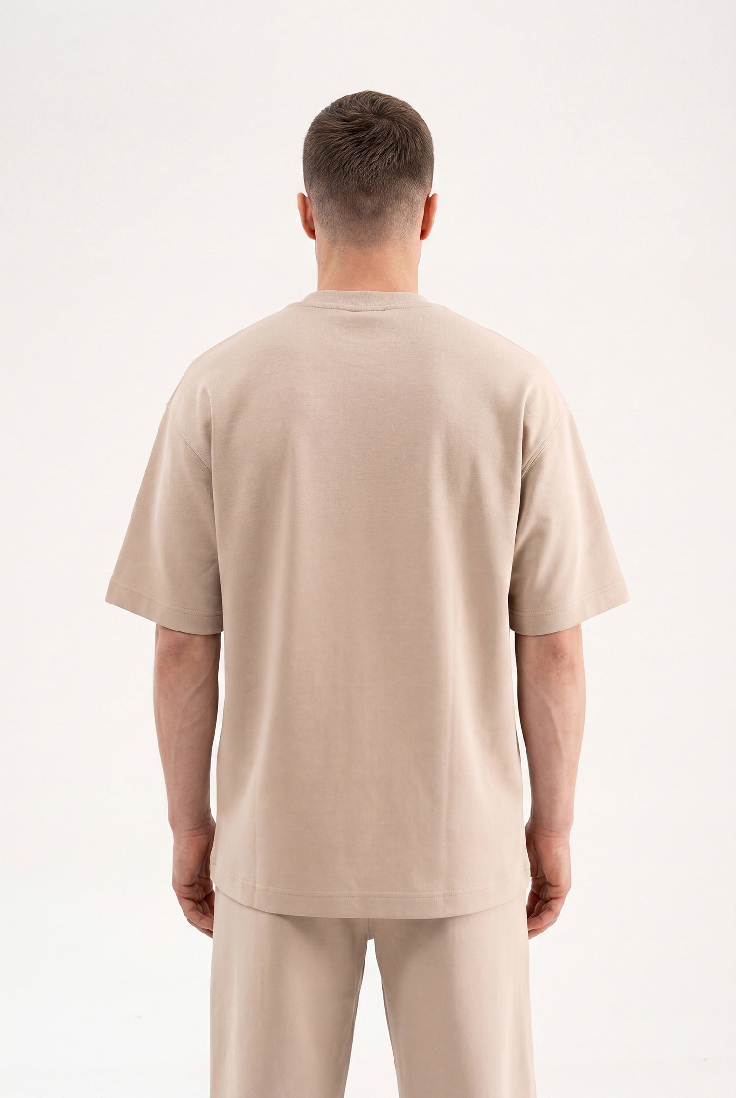 Erkek Basic Double Face Oversize Tişört Açık Bej-3