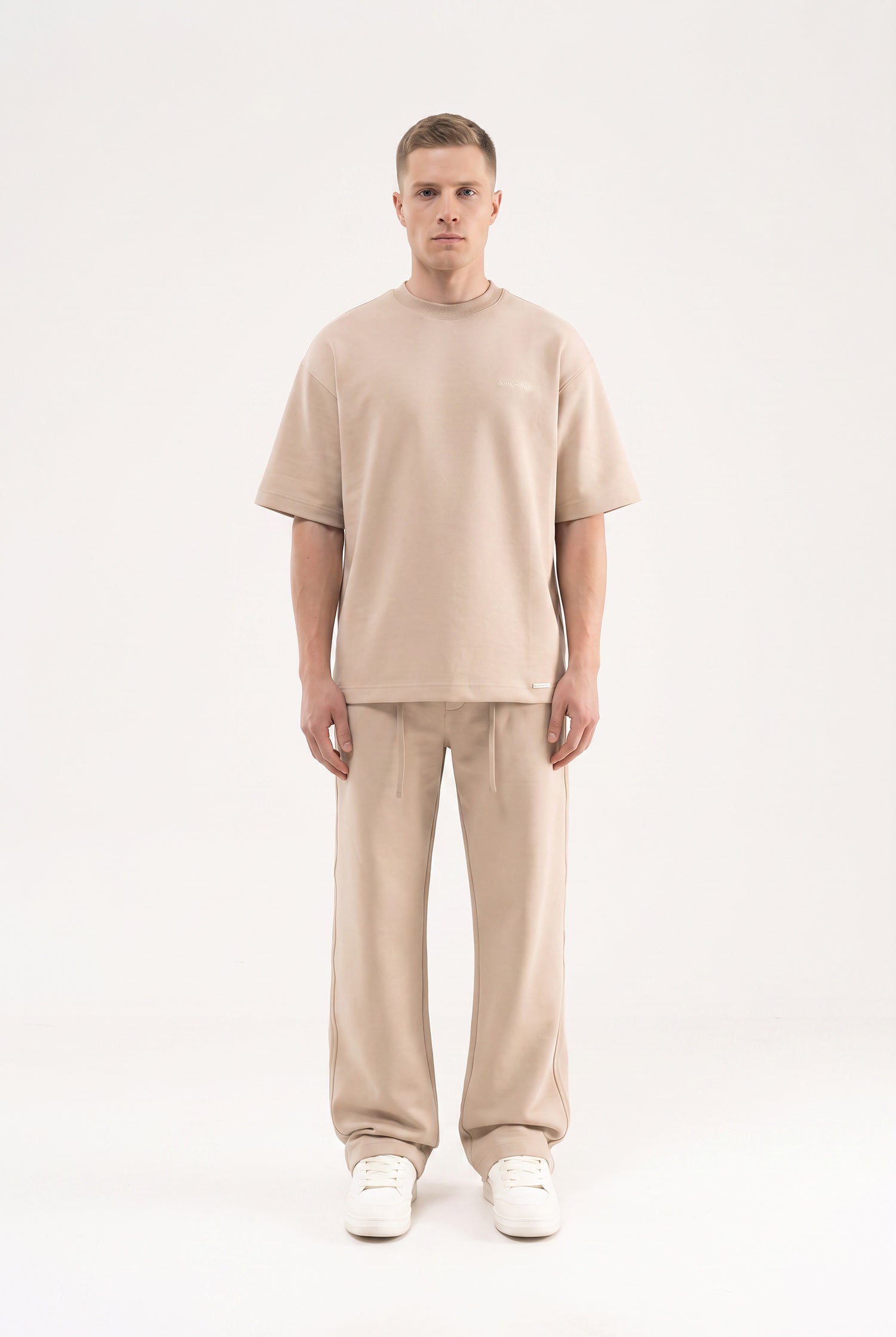 Erkek Basic Double Face Oversize Tişört Açık Bej-4