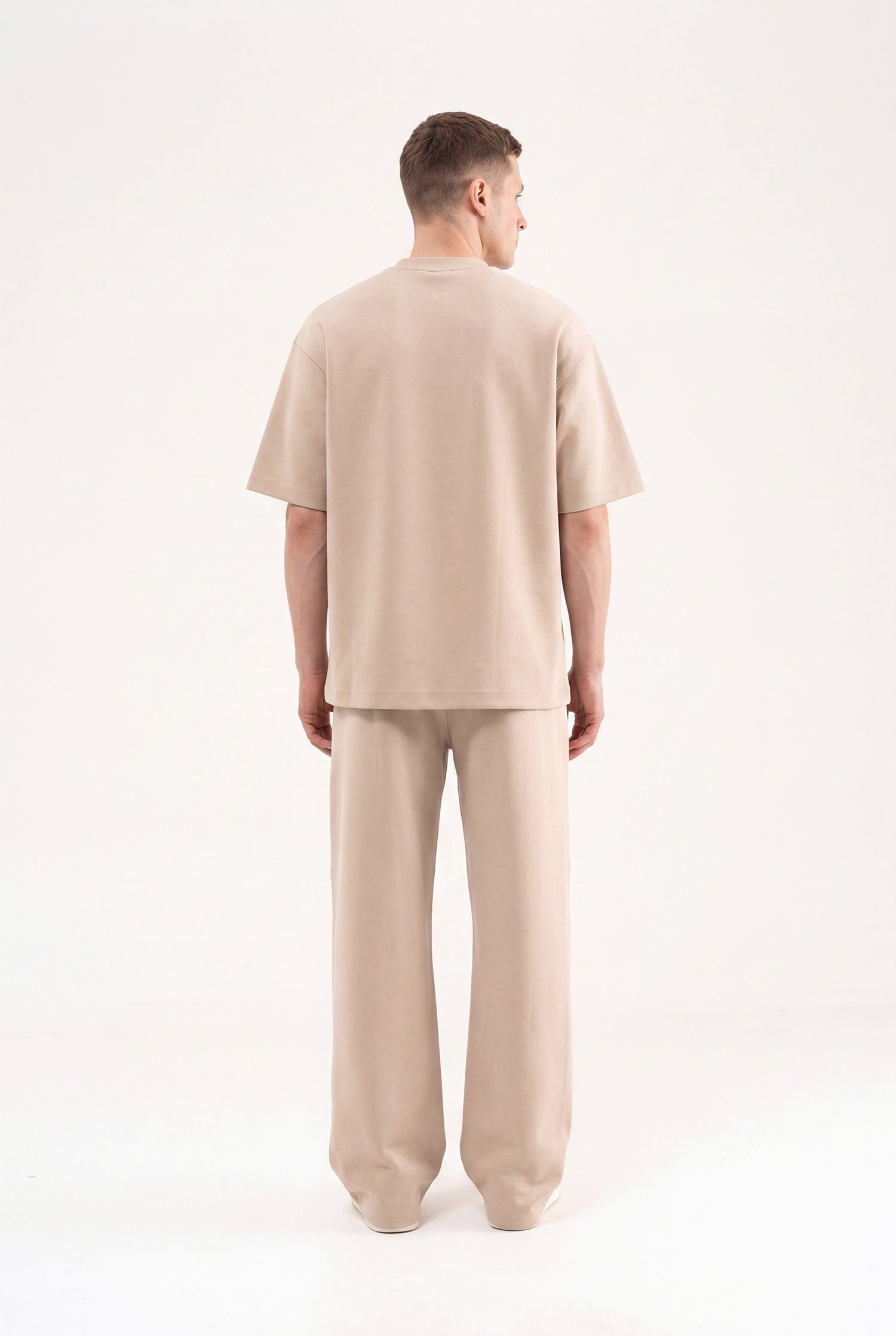 Erkek Basic Double Face Oversize Tişört Açık Bej-5