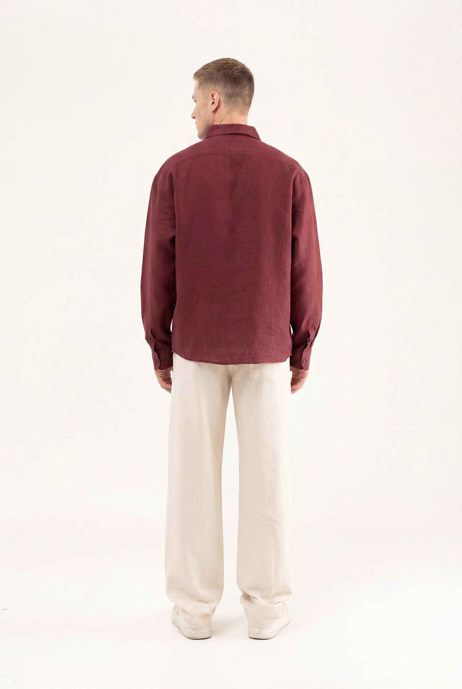 Erkek Basic Keten Gömlek Bordo-5