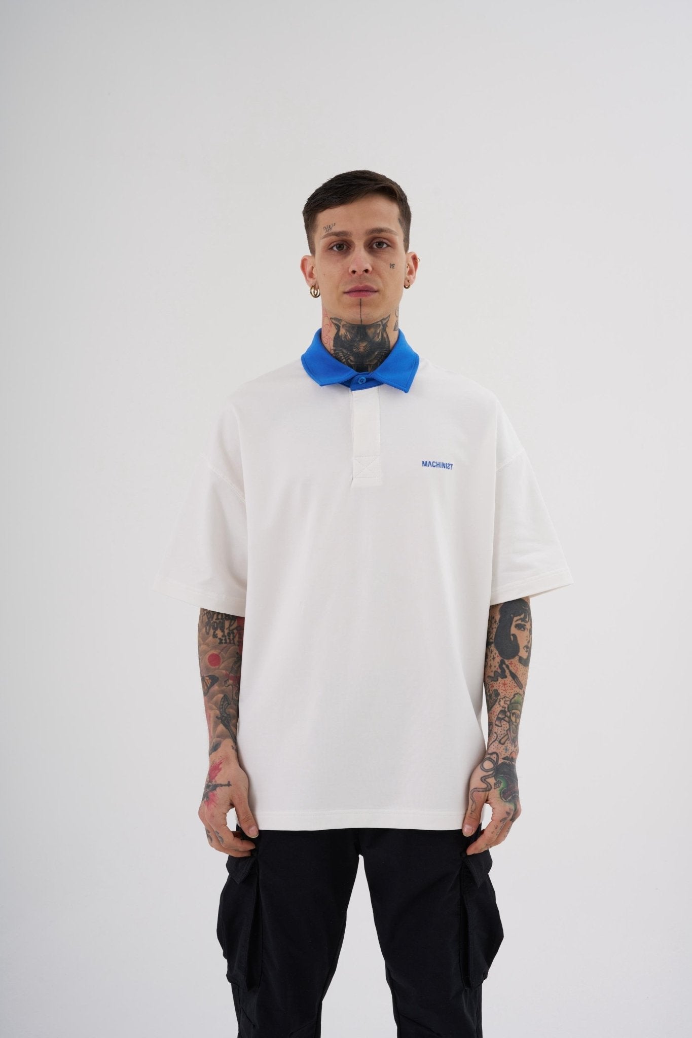 Erkek Basic Oversize Polo Yaka Tişört Ekru - Açık Mavi