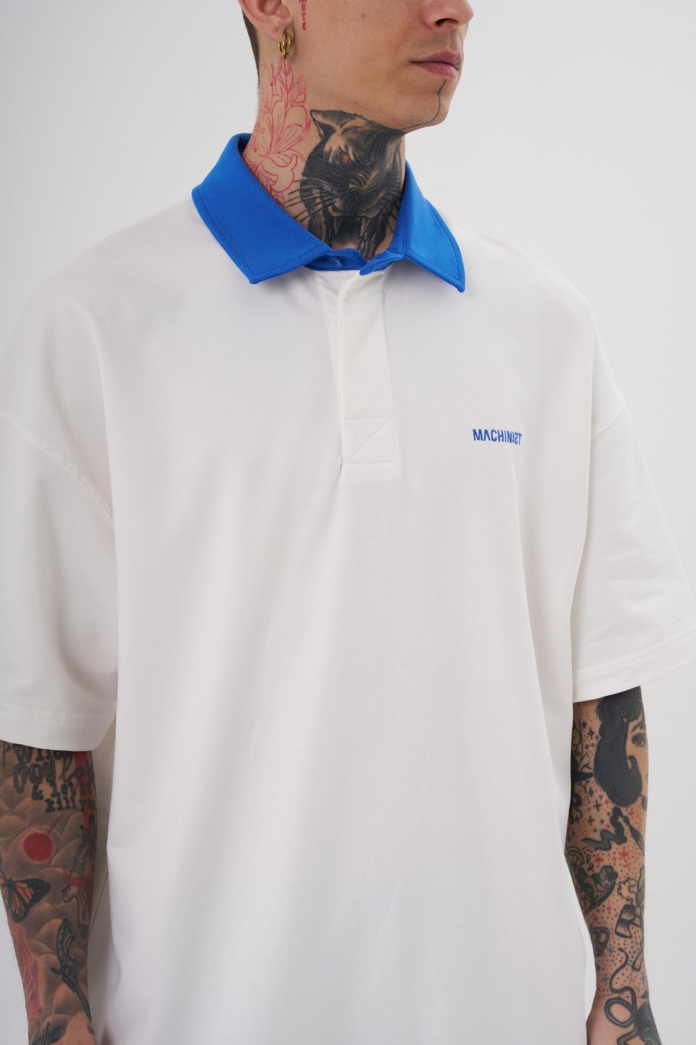 Erkek Basic Oversize Polo Yaka Tişört Ekru - Açık Mavi