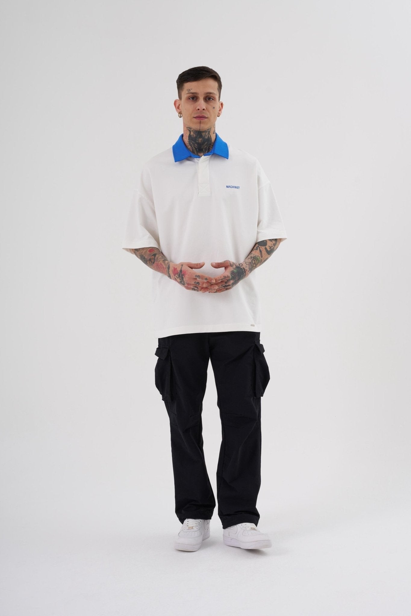 Erkek Basic Oversize Polo Yaka Tişört Ekru - Açık Mavi