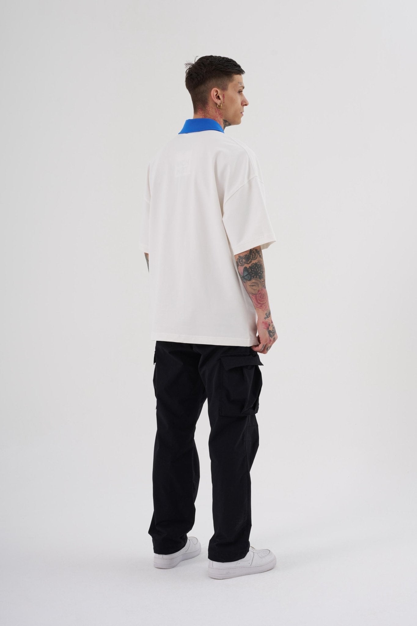 Erkek Basic Oversize Polo Yaka Tişört Ekru - Açık Mavi