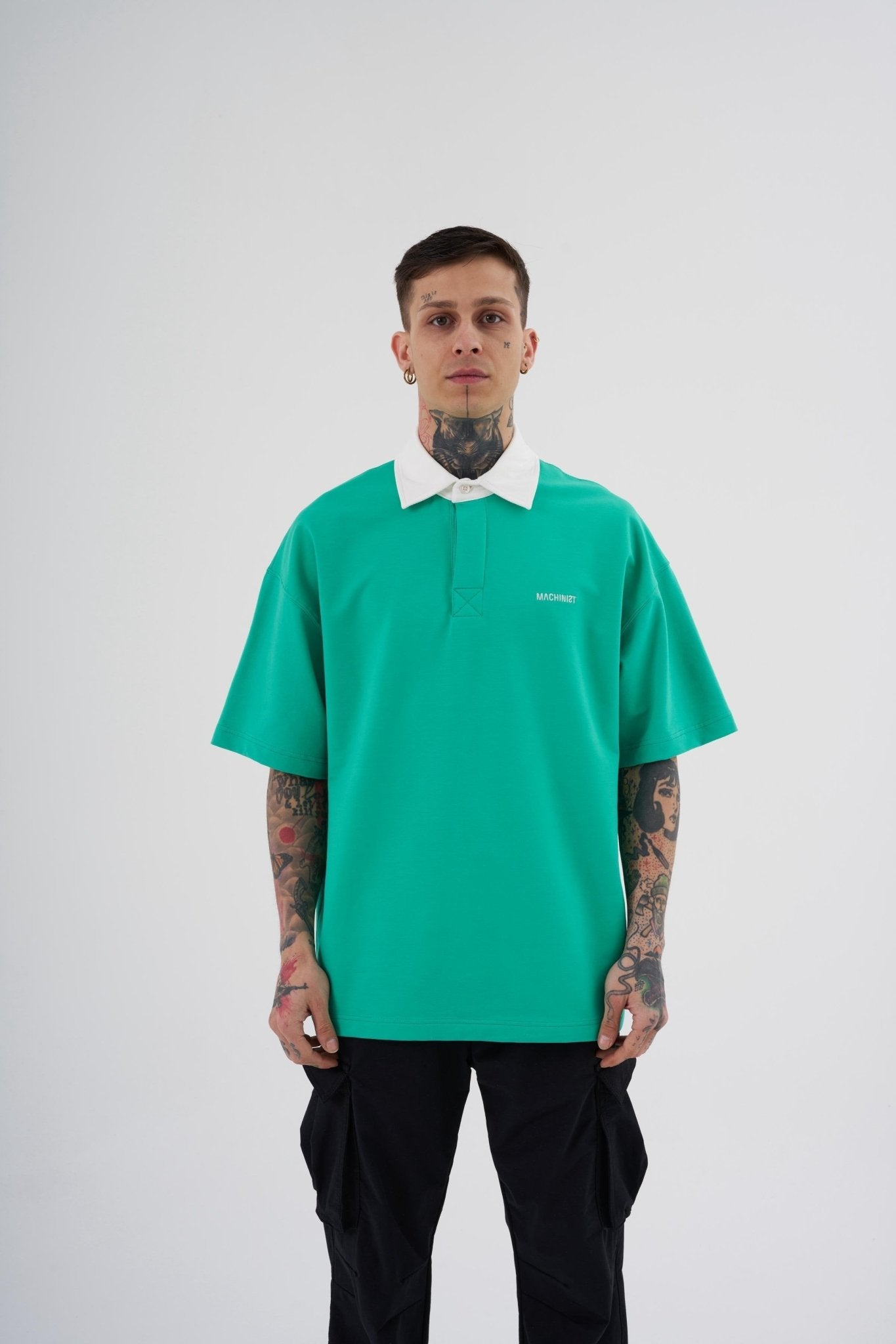 Erkek Basic Oversize Polo Yaka Tişört Elektrik Yeşil - Ekru