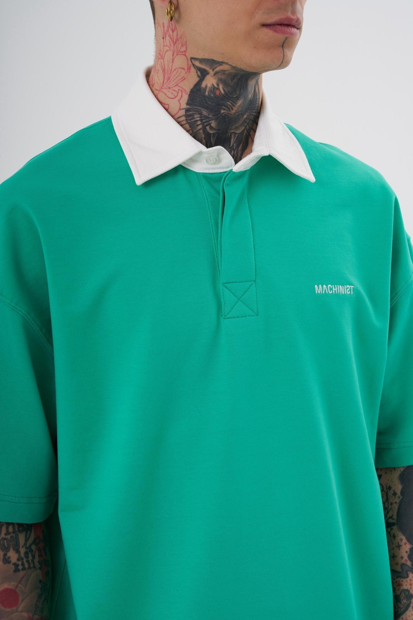 Erkek Basic Oversize Polo Yaka Tişört Elektrik Yeşil - Ekru