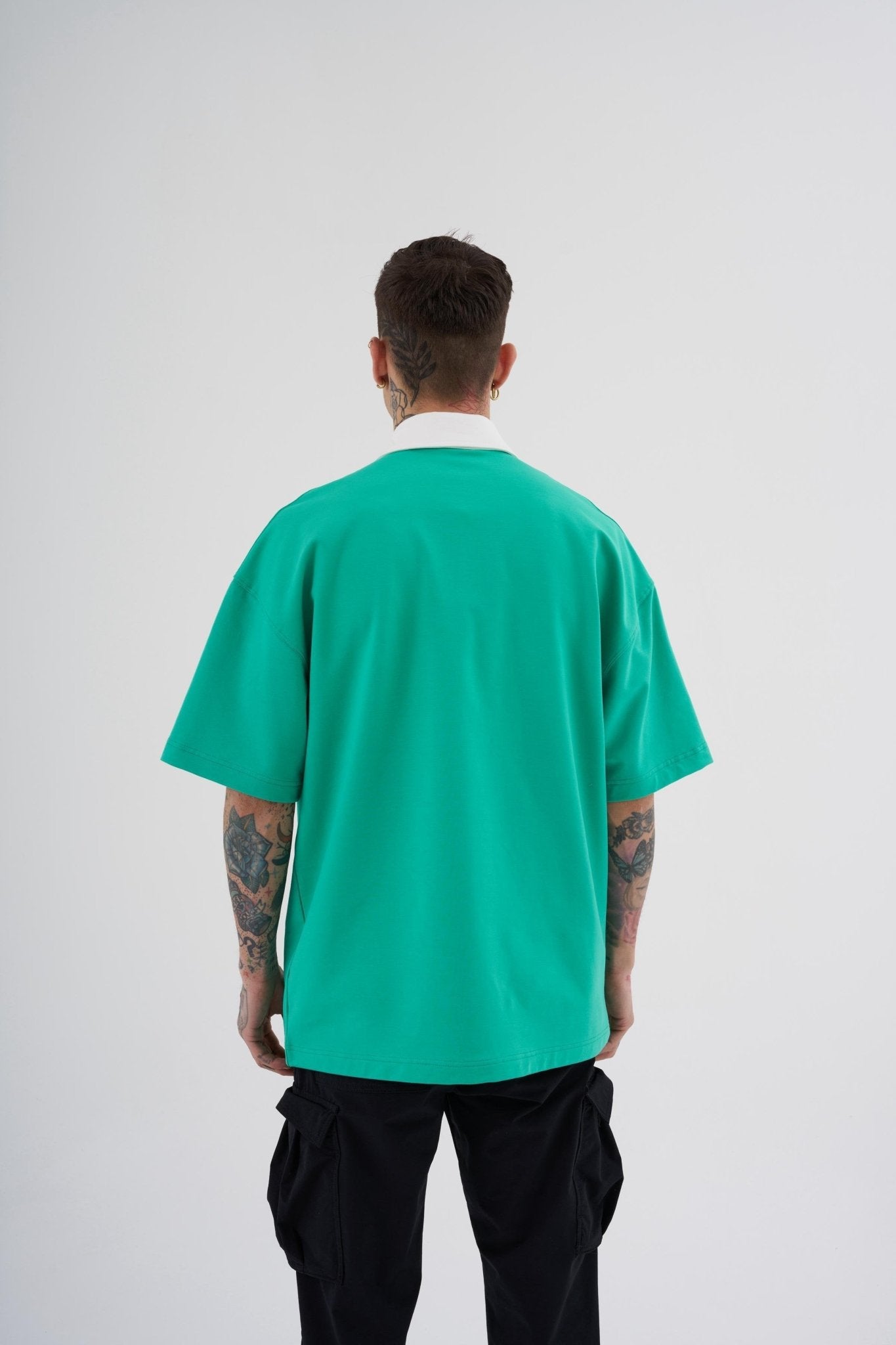 Erkek Basic Oversize Polo Yaka Tişört Elektrik Yeşil - Ekru