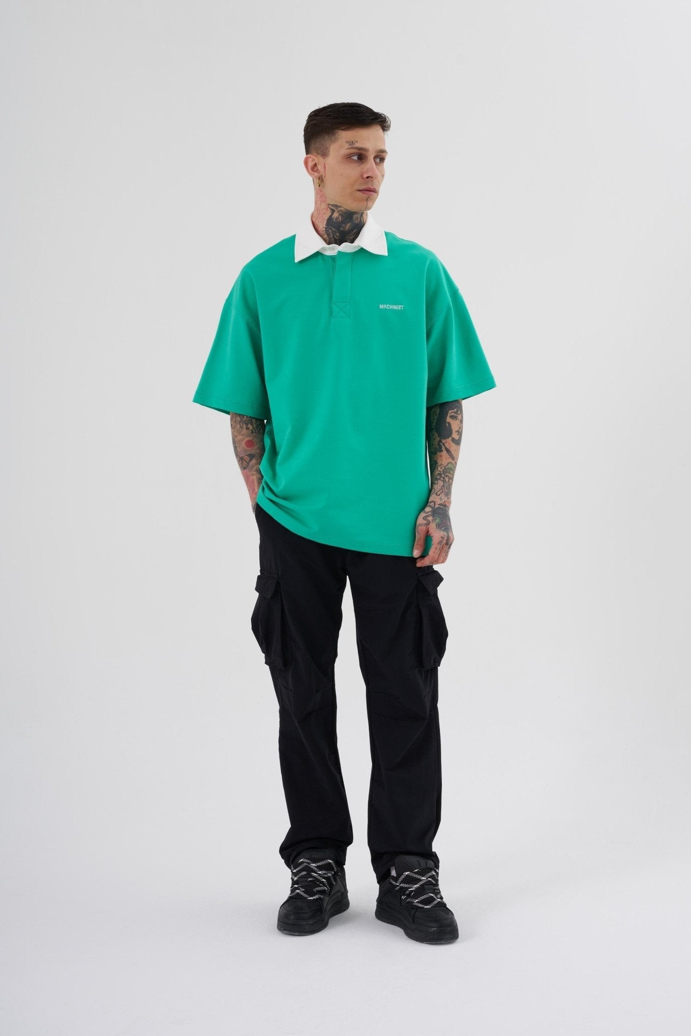 Erkek Basic Oversize Polo Yaka Tişört Elektrik Yeşil - Ekru
