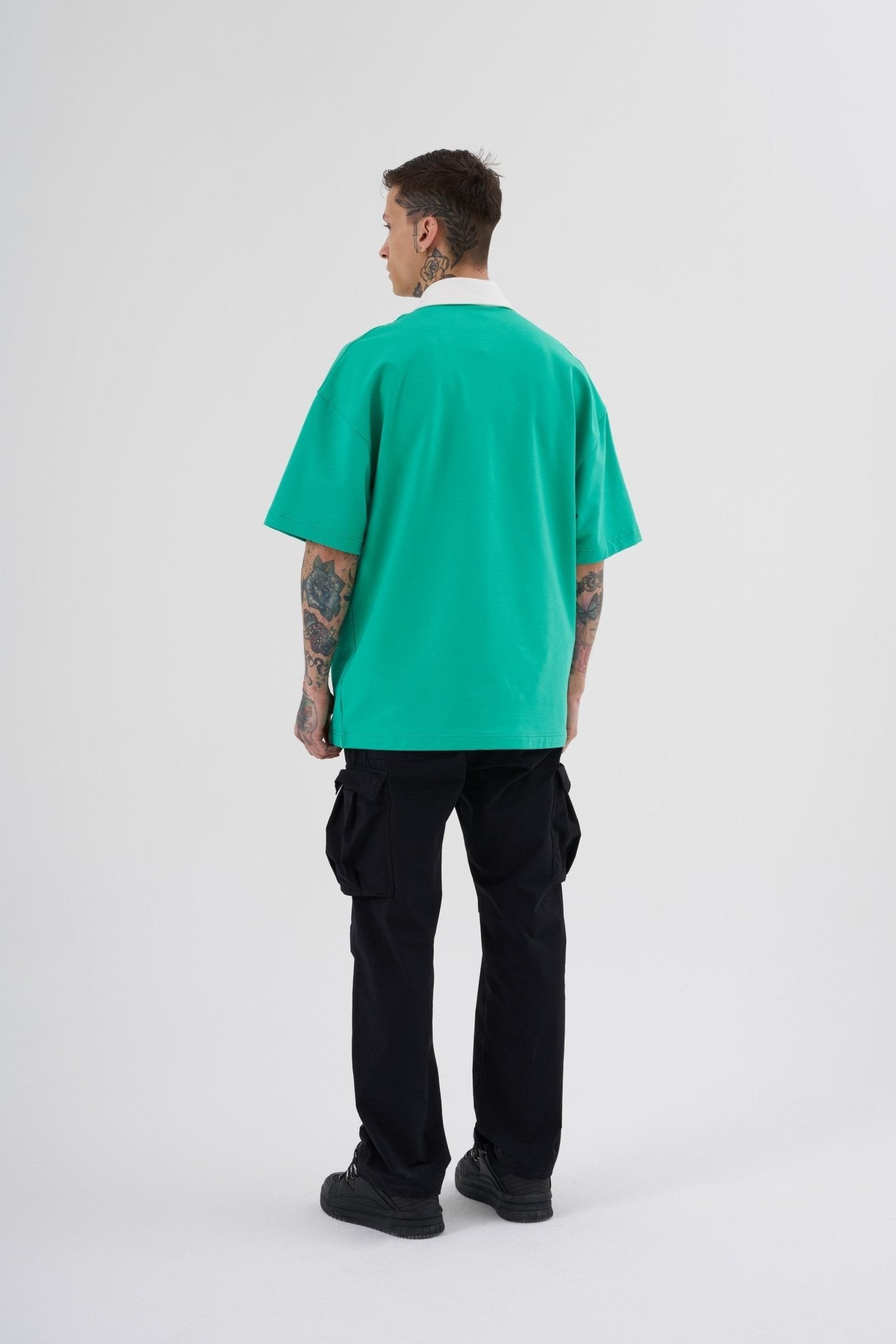 Erkek Basic Oversize Polo Yaka Tişört Elektrik Yeşil - Ekru