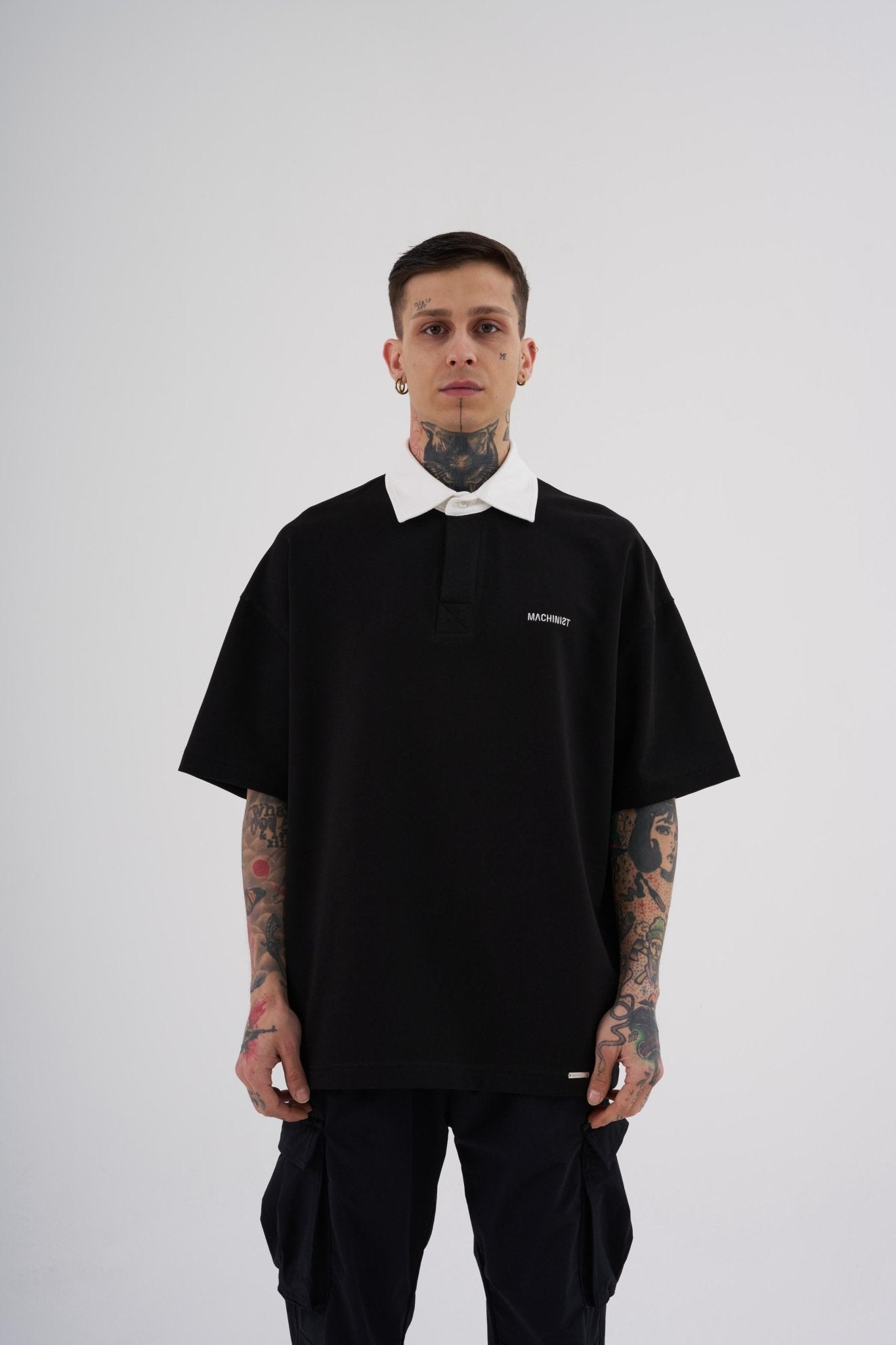 Erkek Basic Oversize Polo Yaka Tişört Siyah - Ekru