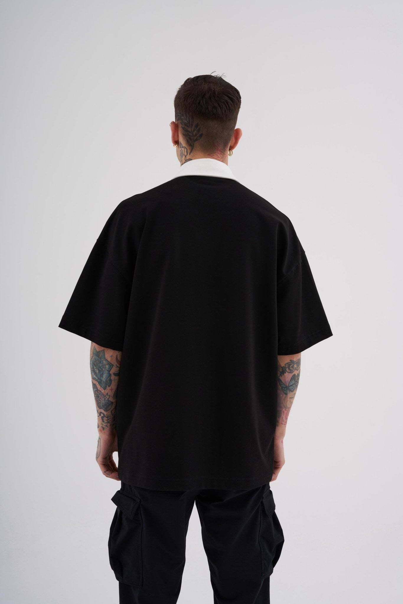 Erkek Basic Oversize Polo Yaka Tişört Siyah - Ekru