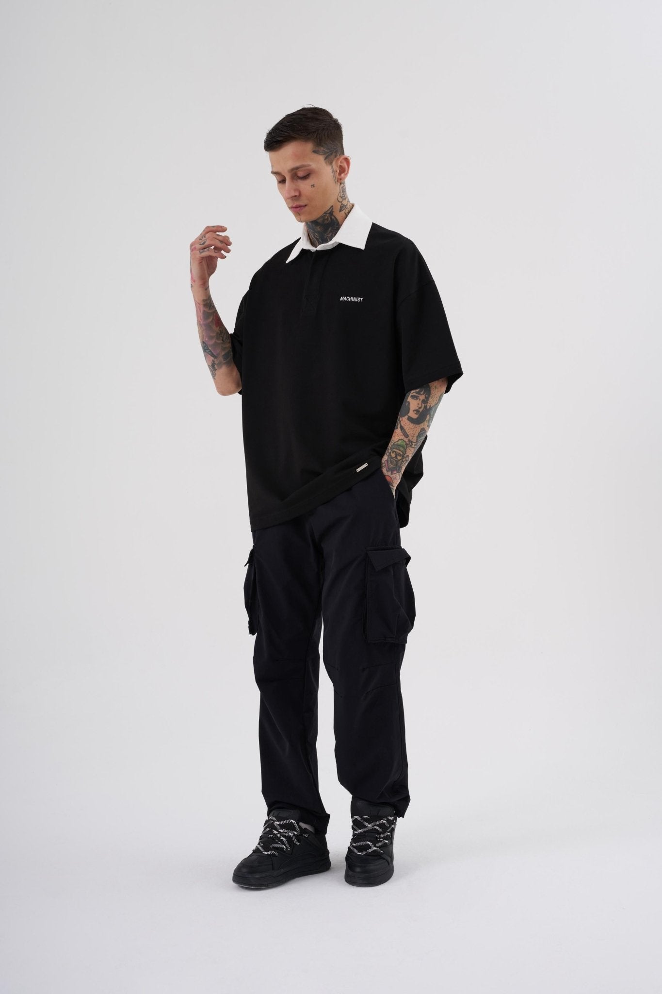 Erkek Basic Oversize Polo Yaka Tişört Siyah - Ekru