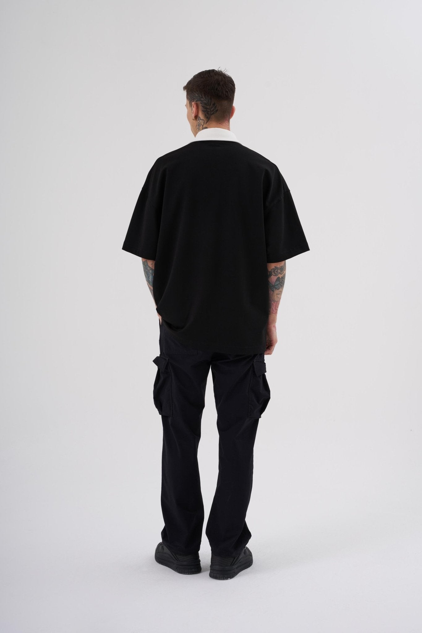 Erkek Basic Oversize Polo Yaka Tişört Siyah - Ekru