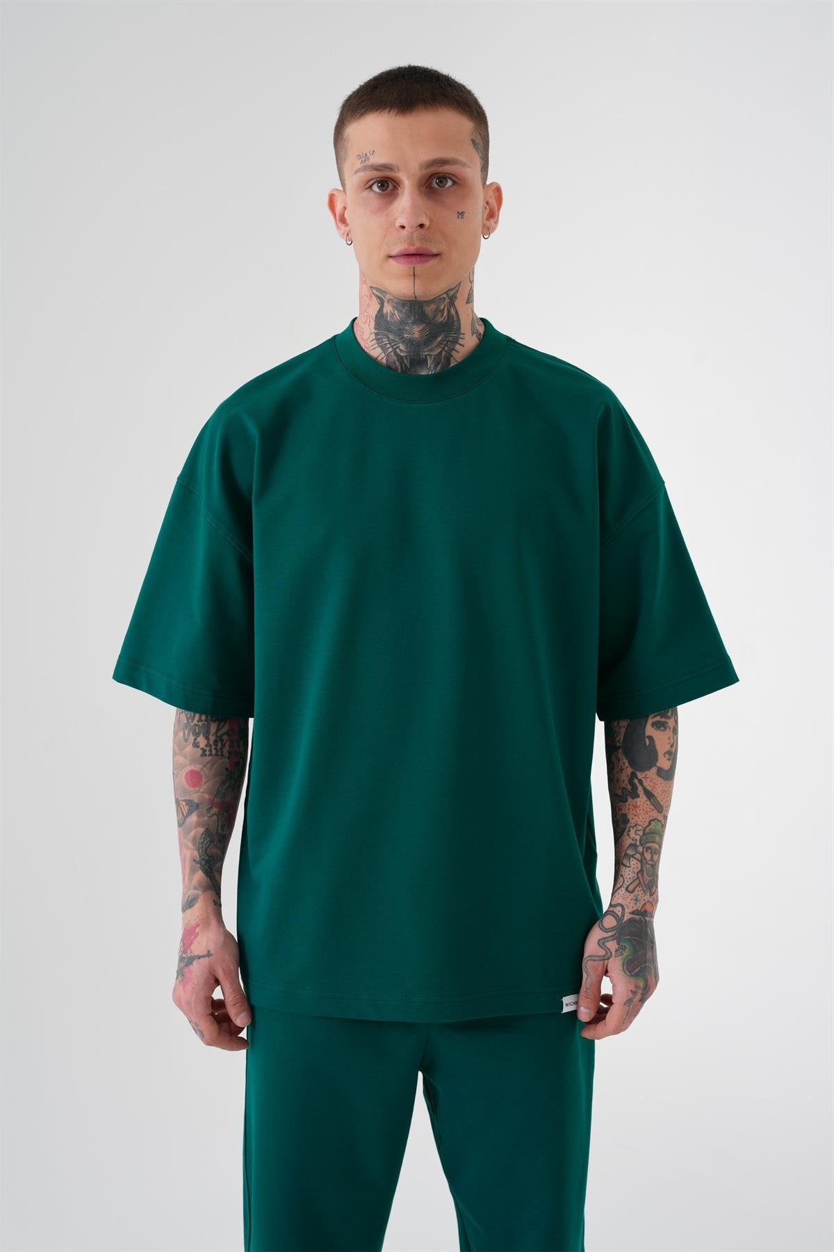 Erkek Basic Pamuklu Oversize Tişört Yağ Yeşili