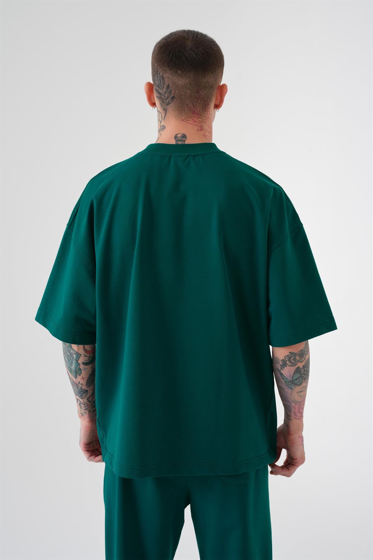 Erkek Basic Pamuklu Oversize Tişört Yağ Yeşili