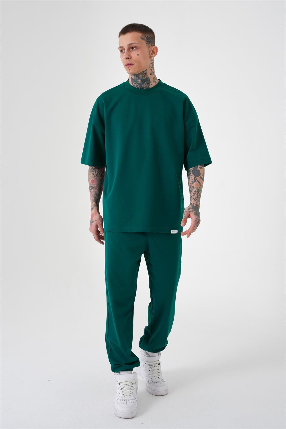 Erkek Basic Pamuklu Oversize Tişört Yağ Yeşili