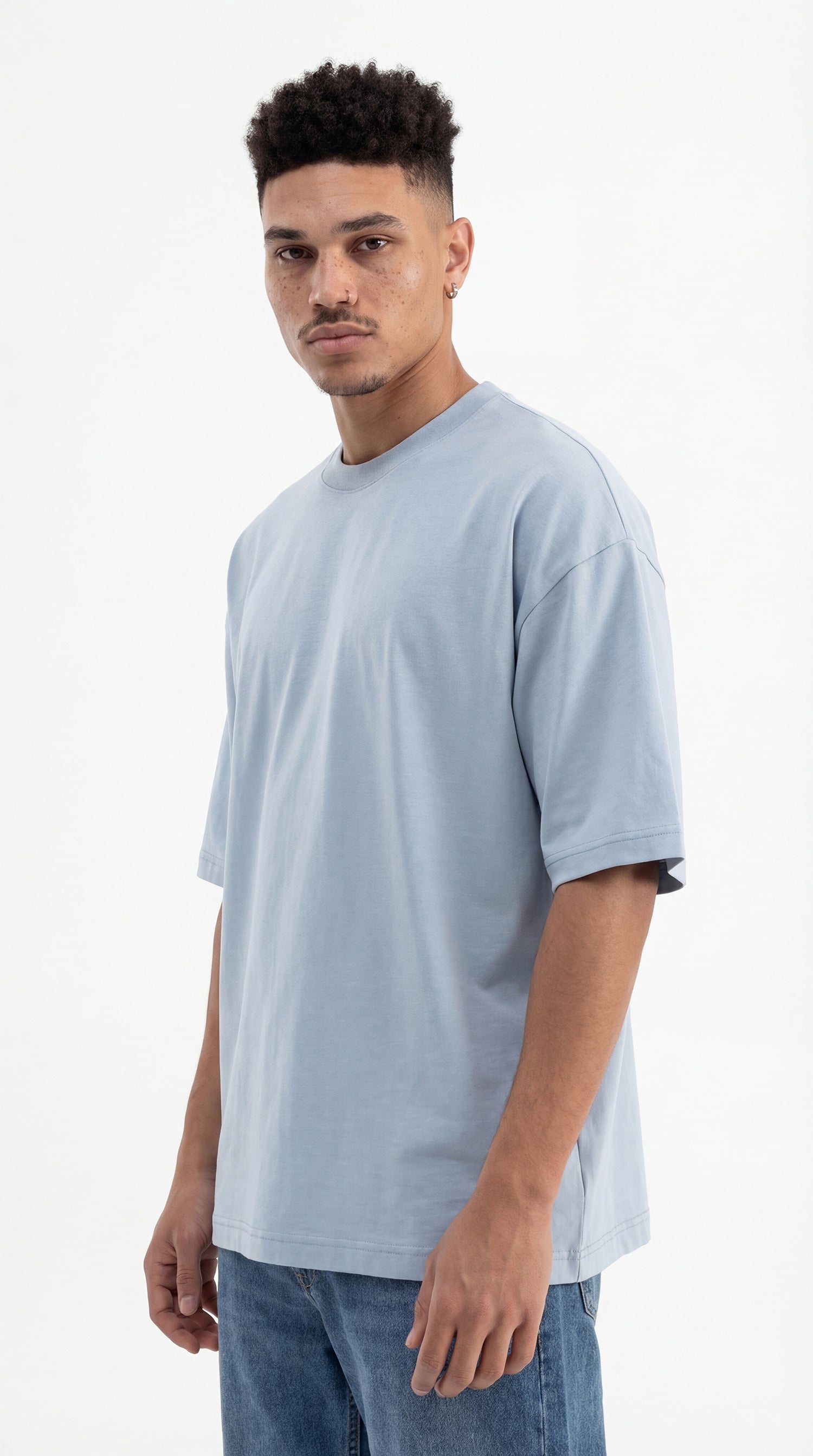 Erkek Basic Pamuklu Super Oversize Tişört Duman Mavi-3
