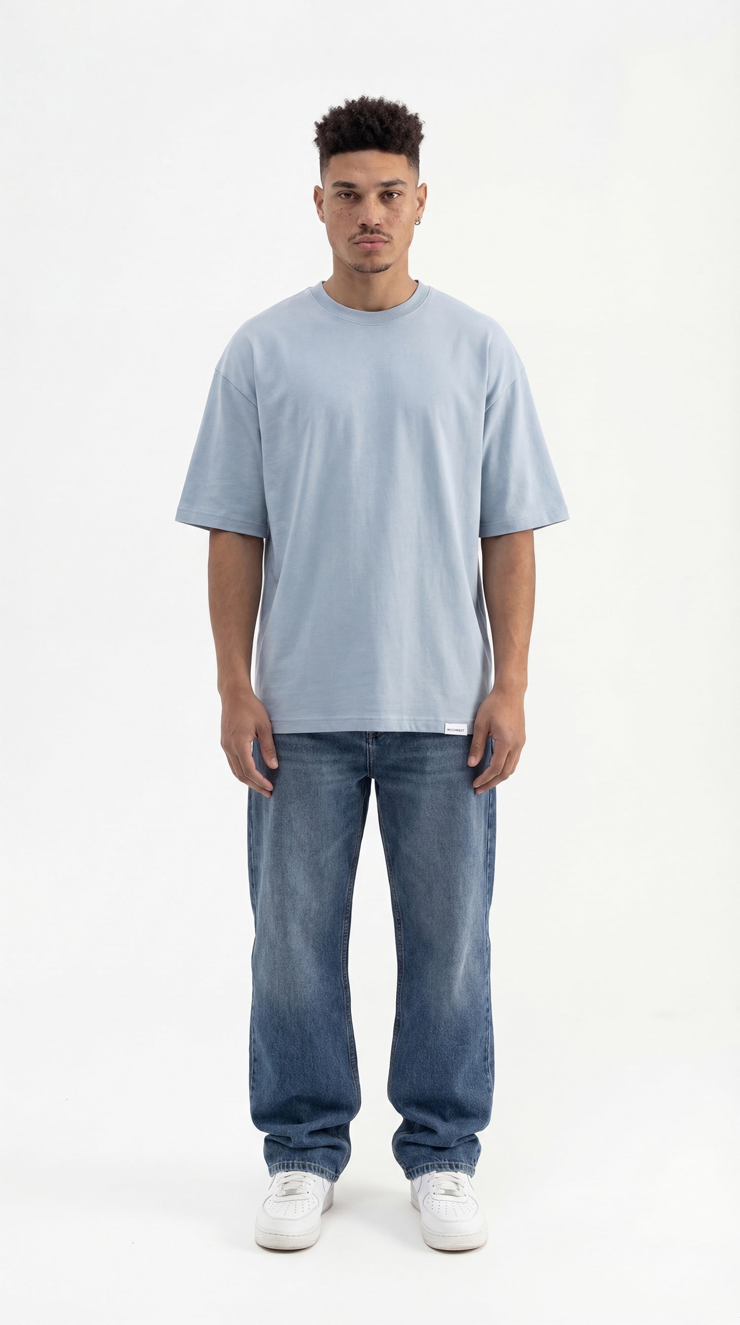 Erkek Basic Pamuklu Super Oversize Tişört Duman Mavi-5