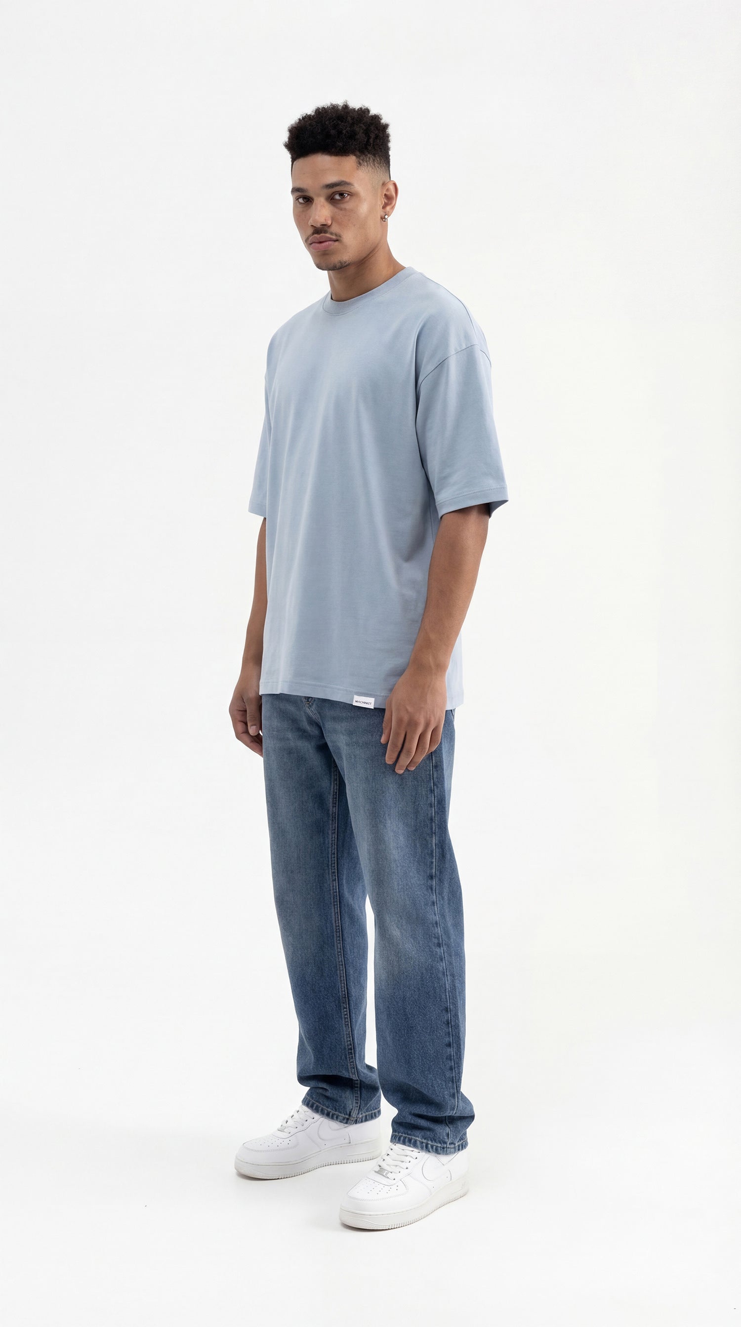 Erkek Basic Pamuklu Super Oversize Tişört Duman Mavi-6