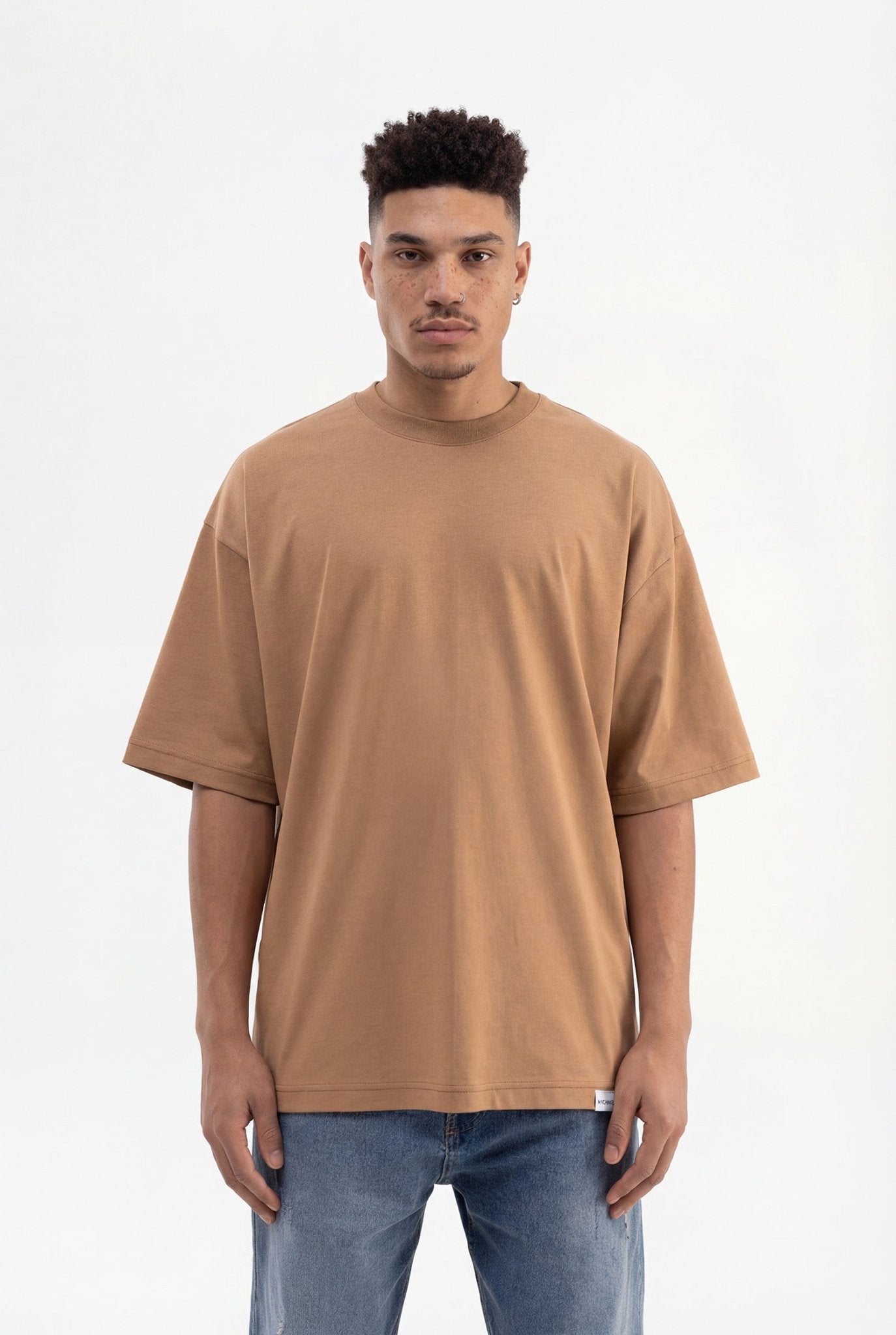 Erkek Basic Super Pamuklu Oversize Tişört Kapuçino