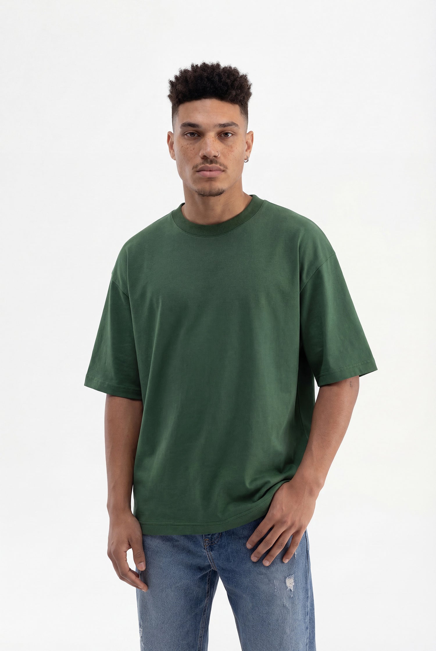 Erkek Basic Pamuklu Super Oversize Tişört Nefti Yeşili
