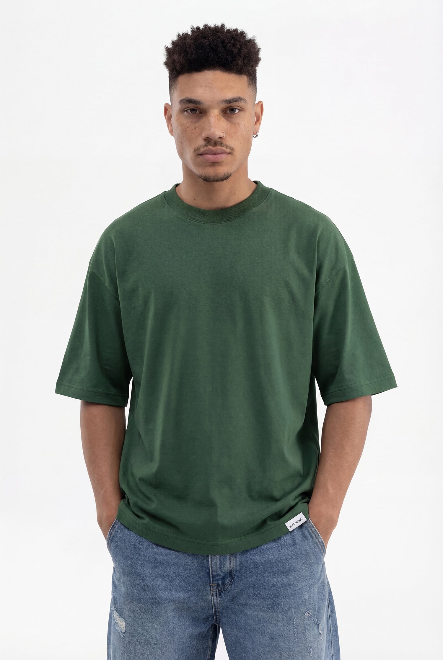 Erkek Basic Pamuklu Super Oversize Tişört Nefti Yeşili-3