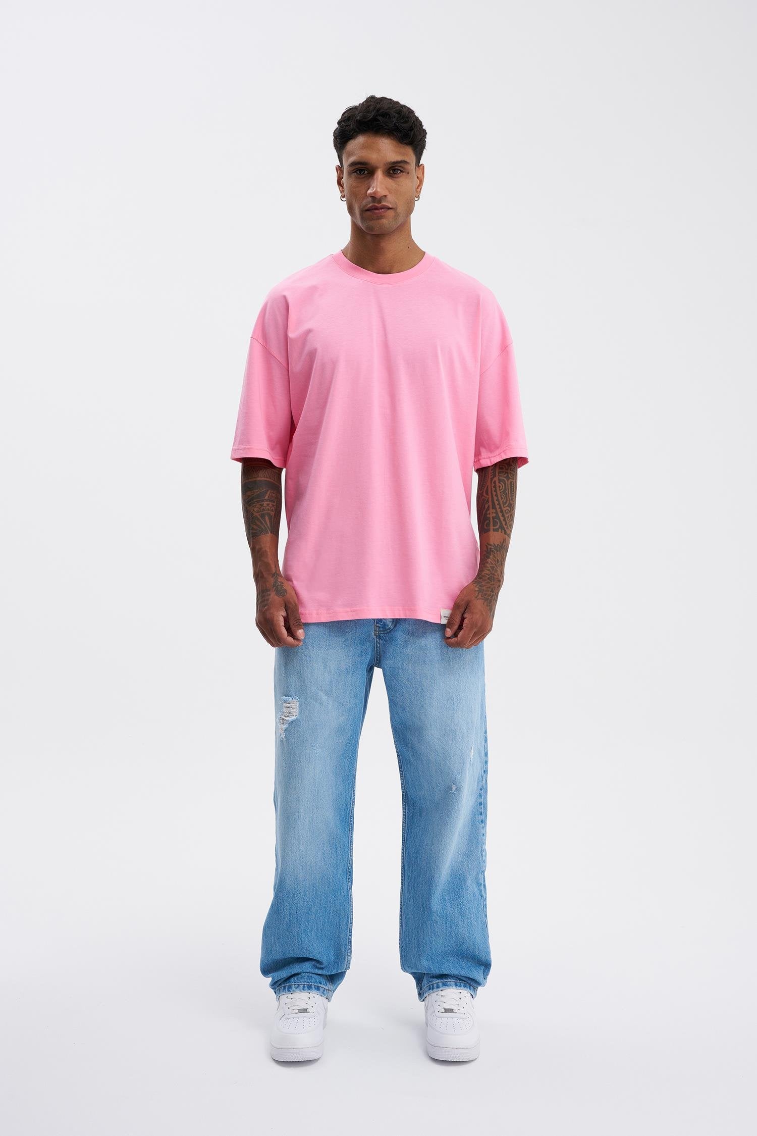 Erkek Basic Super Pamuklu Oversize Tişört Şeker Pembe