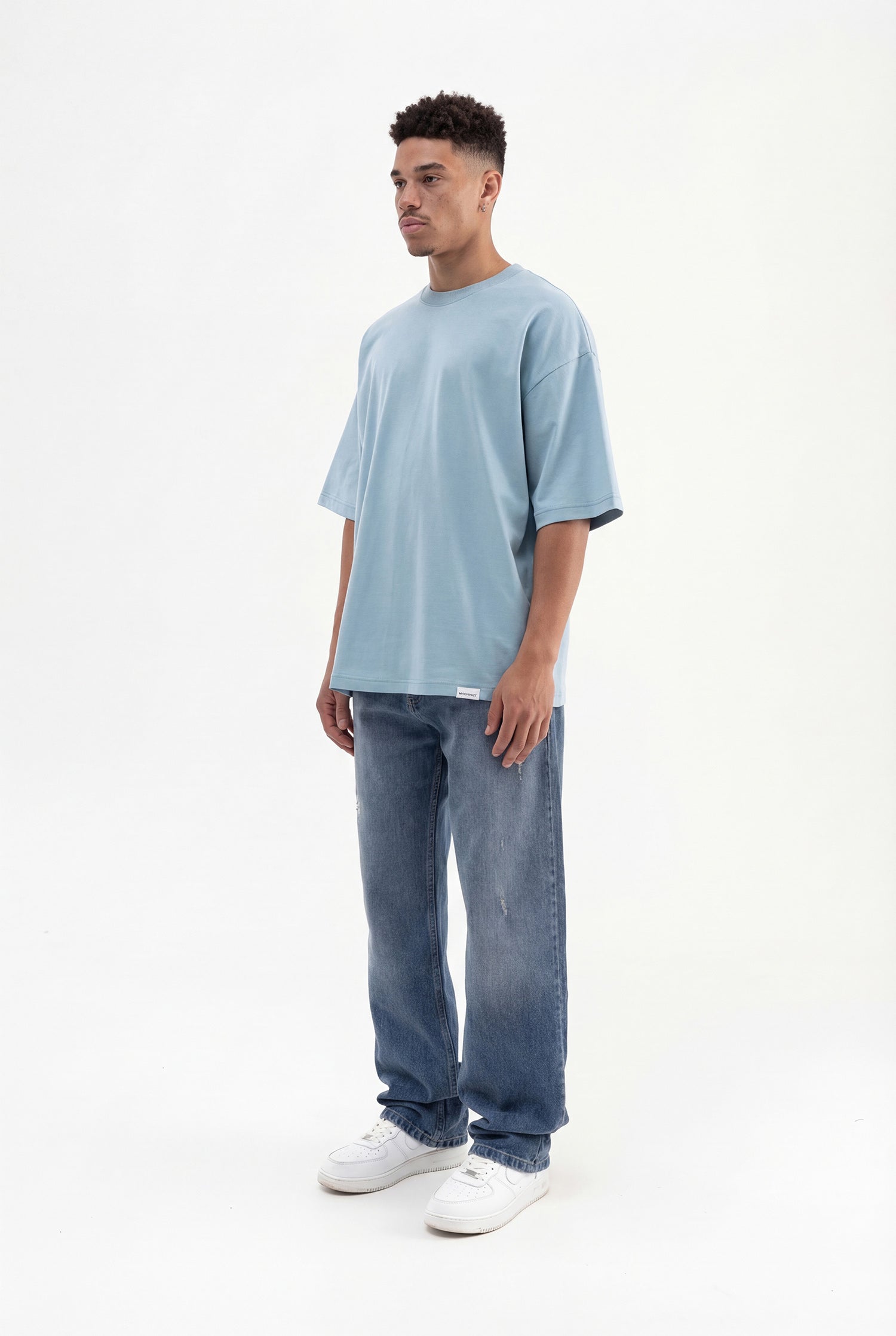 Erkek Basic Pamuklu Super Oversize Tişört Soluk Mavi-6