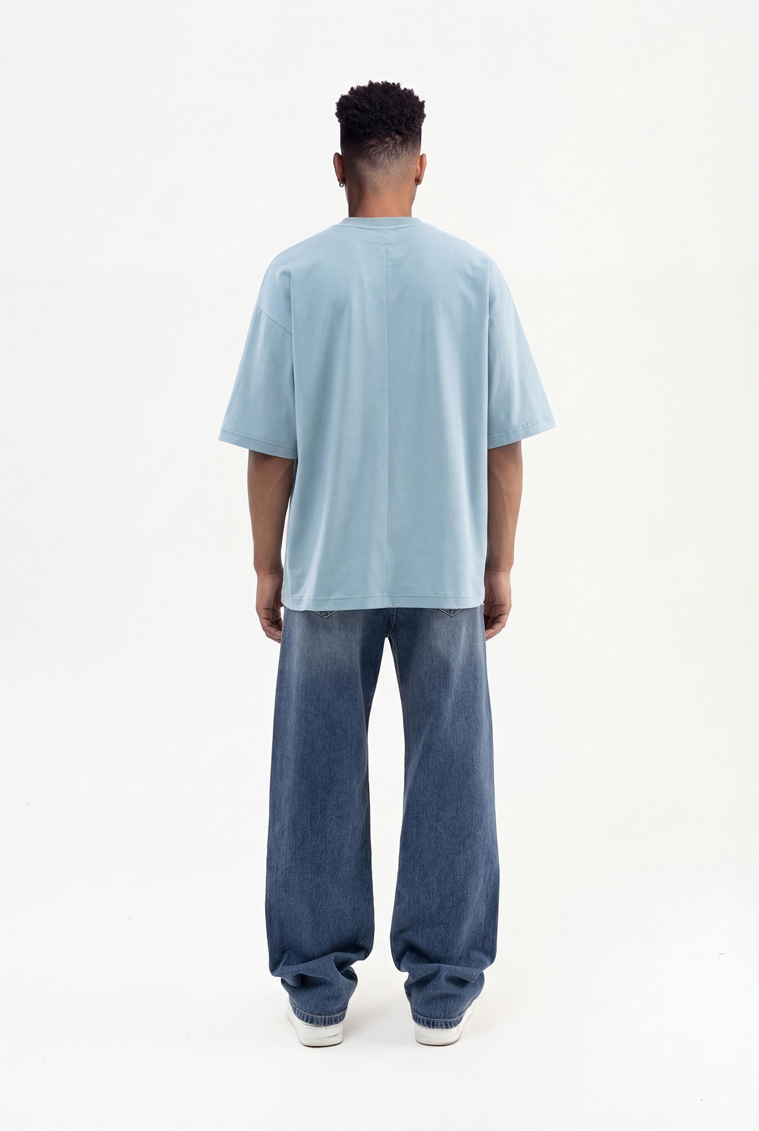Erkek Basic Pamuklu Super Oversize Tişört Soluk Mavi-7