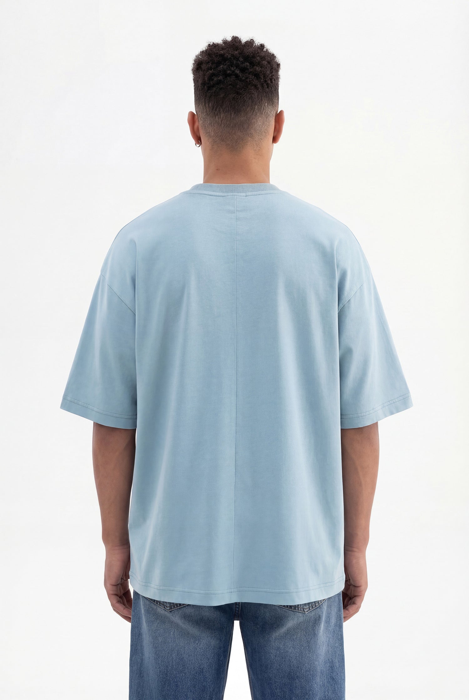 Erkek Basic Pamuklu Super Oversize Tişört Soluk Mavi-4