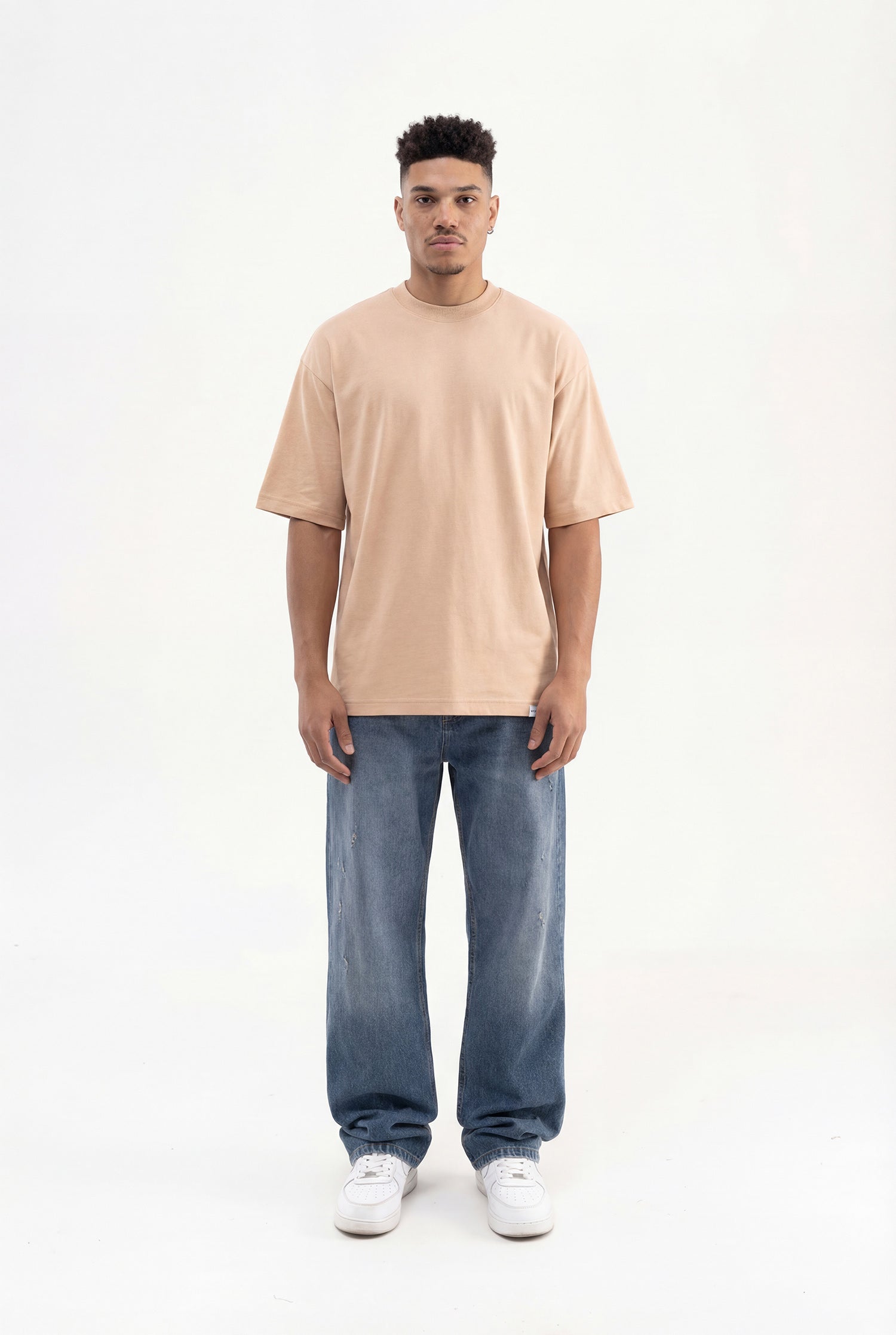 Erkek Basic Pamuklu Super Oversize Tişört Vizon-5