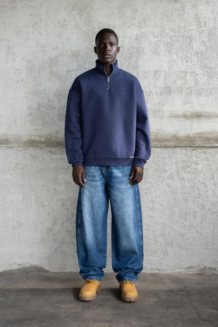 Erkek Basic Yüksek Yaka Sweatshirt Gece Mavisi