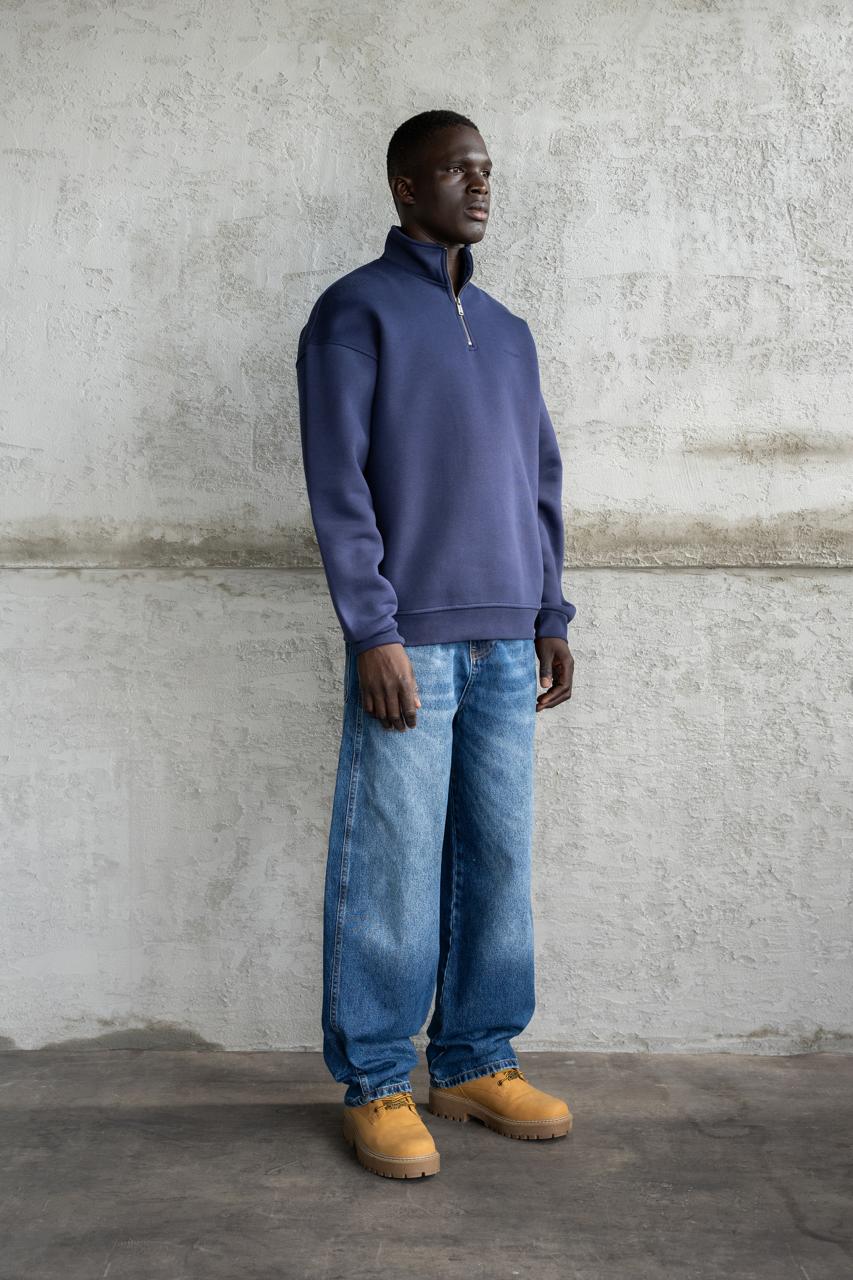 Erkek Basic Yüksek Yaka Sweatshirt Gece Mavisi