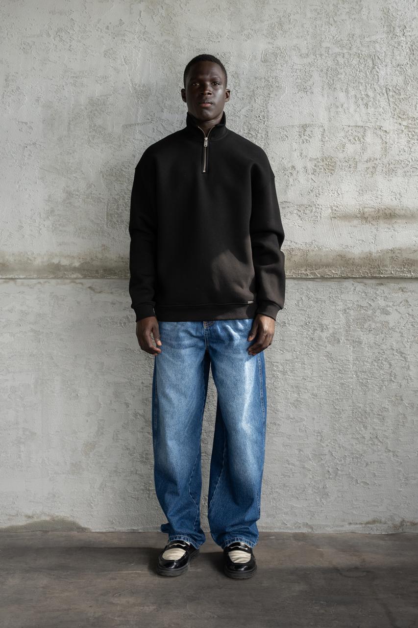 Erkek Basic Yüksek Yaka Sweatshirt Siyah