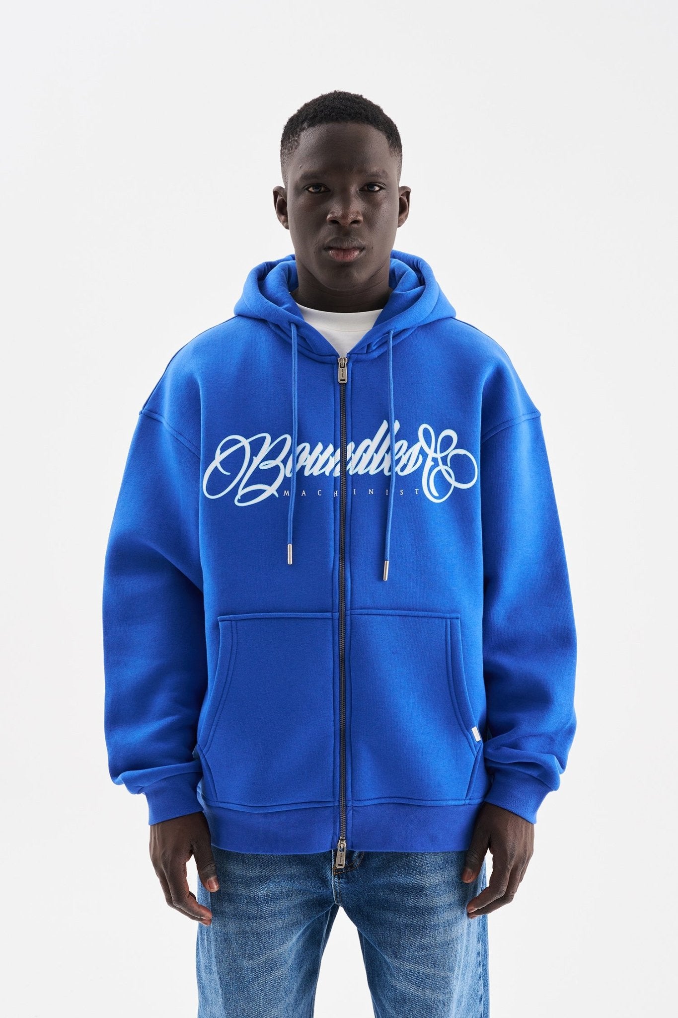 Erkek Baskılı Fermuarlı Kapüşonlu Sweatshirt Açık Mavi