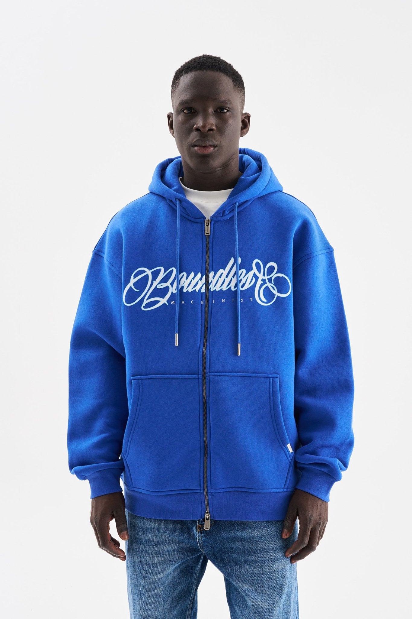 Erkek Baskılı Fermuarlı Kapüşonlu Sweatshirt Açık Mavi