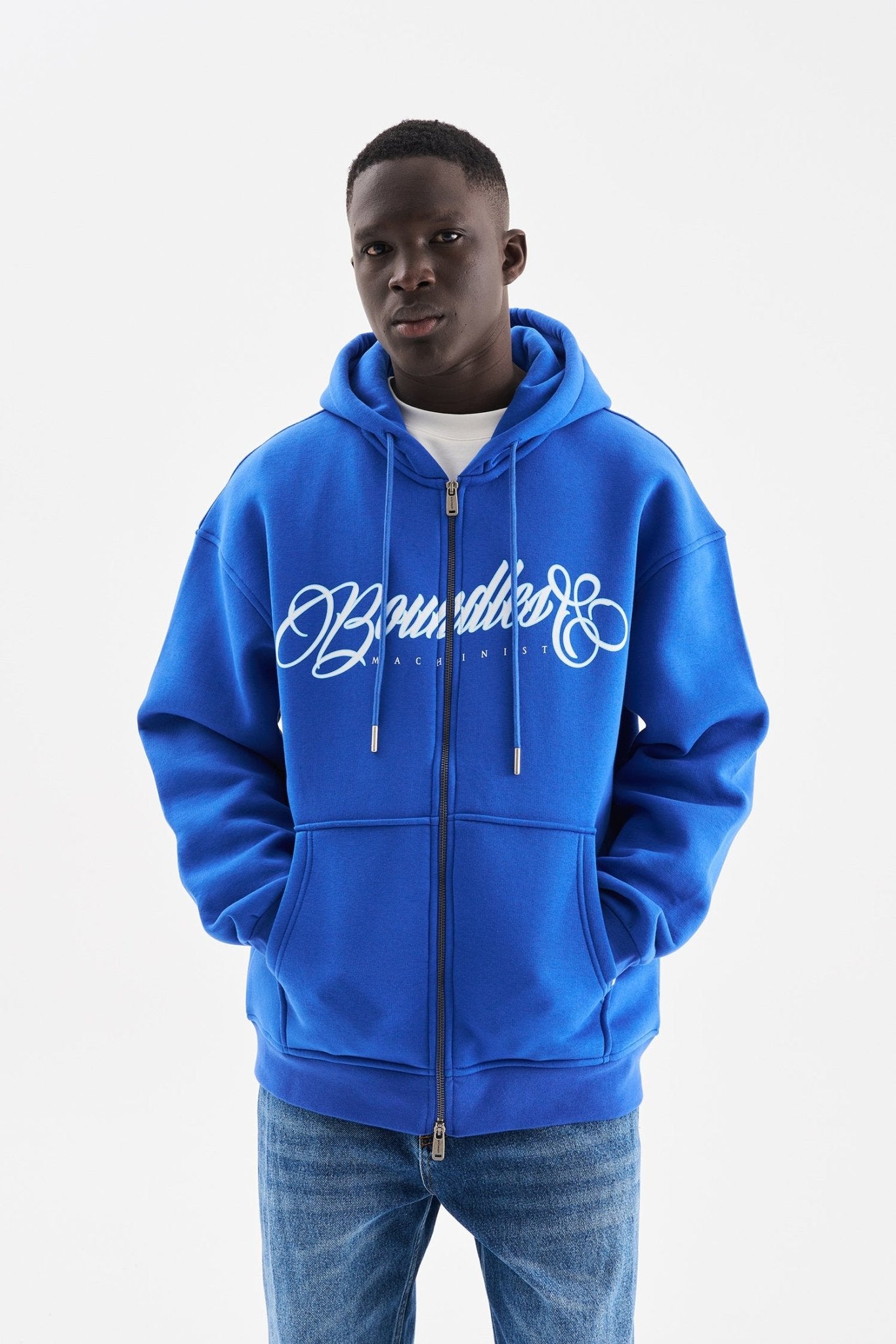Erkek Baskılı Fermuarlı Kapüşonlu Sweatshirt Açık Mavi
