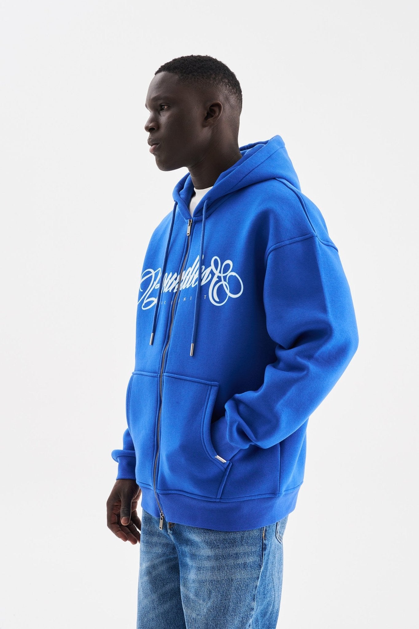 Erkek Baskılı Fermuarlı Kapüşonlu Sweatshirt Açık Mavi