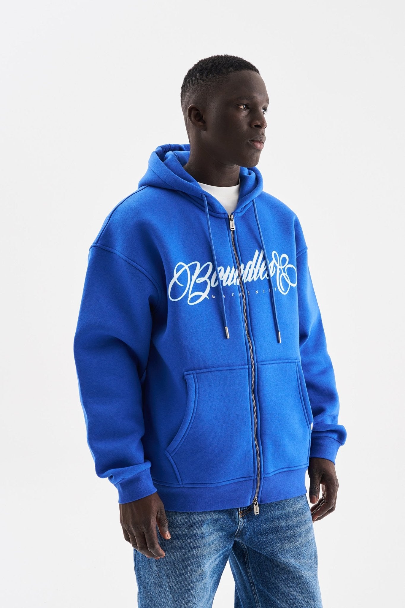 Erkek Baskılı Fermuarlı Kapüşonlu Sweatshirt Açık Mavi